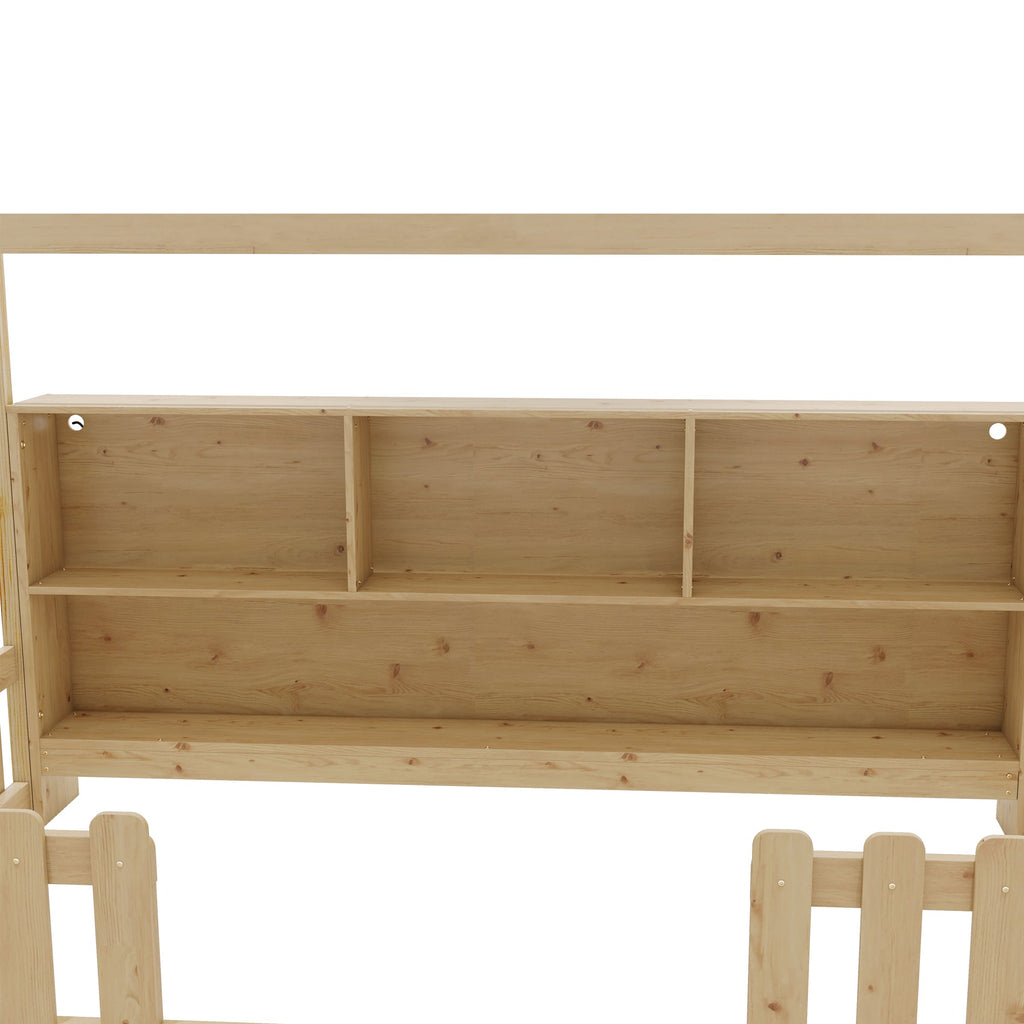 Twin Size House Bed with LED Light, Wood House Bed with Storage Bookshelf, Floor House Bed with Guardrails for Kids, Natural (Expect Arrival Date 2025/3/14)