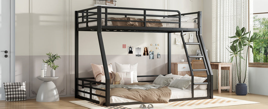Metal Bunk Bed, Twin over Full Floor Bunk Bed Frame,Heavy-Duty Bunk Bed for Kids, Teens, Adults, Noise-reduced Design, Black