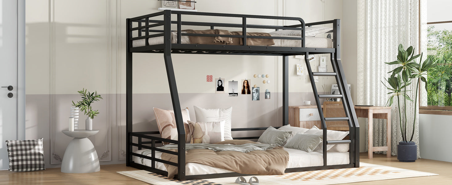 Metal Bunk Bed, Twin over Full Floor Bunk Bed Frame,Heavy-Duty Bunk Bed for Kids, Teens, Adults, Noise-reduced Design, Black