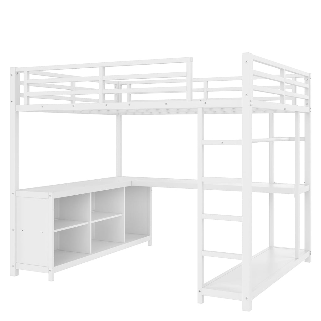 Metal Loft Bed with Wardrobe and L-shaped Desk, Queen Size Loft Bed with Storage Cubes and Shelves, Loft Bed for Kids Teens Adults, White