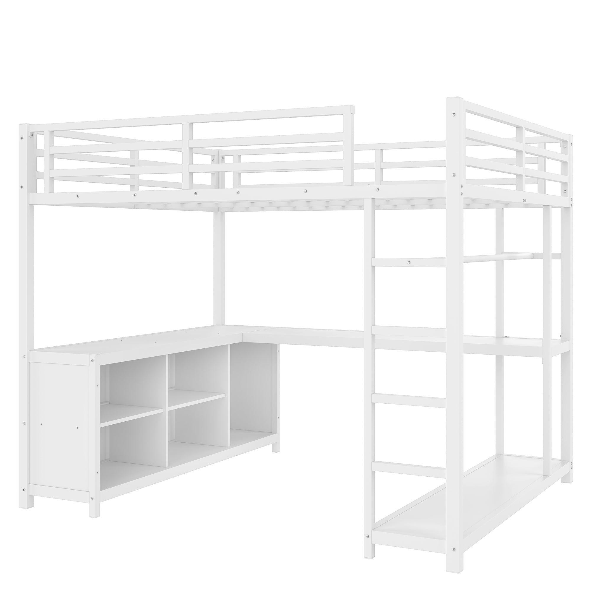 Metal Loft Bed with Wardrobe and L-shaped Desk, Queen Size Loft Bed with Storage Cubes and Shelves, Loft Bed for Kids Teens Adults, White