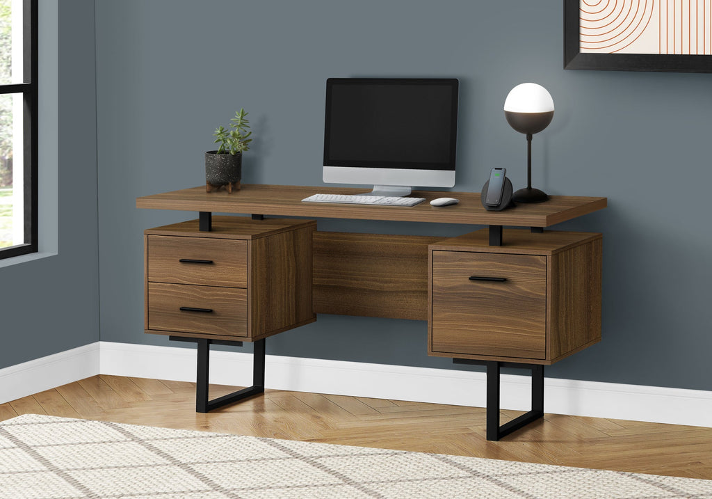 Computer Desk, Home Office, Laptop, Left, Right Set-up, Storage Drawers, 60'l, Work, Walnut Laminate, Black Metal, Contemporary, Modern