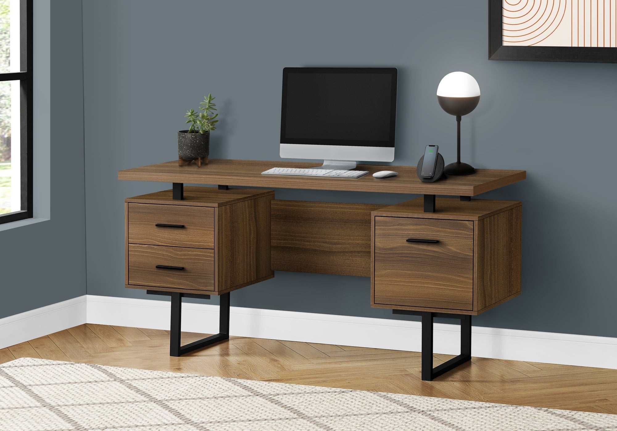 Computer Desk, Home Office, Laptop, Left, Right Set-up, Storage Drawers, 60'l, Work, Walnut Laminate, Black Metal, Contemporary, Modern