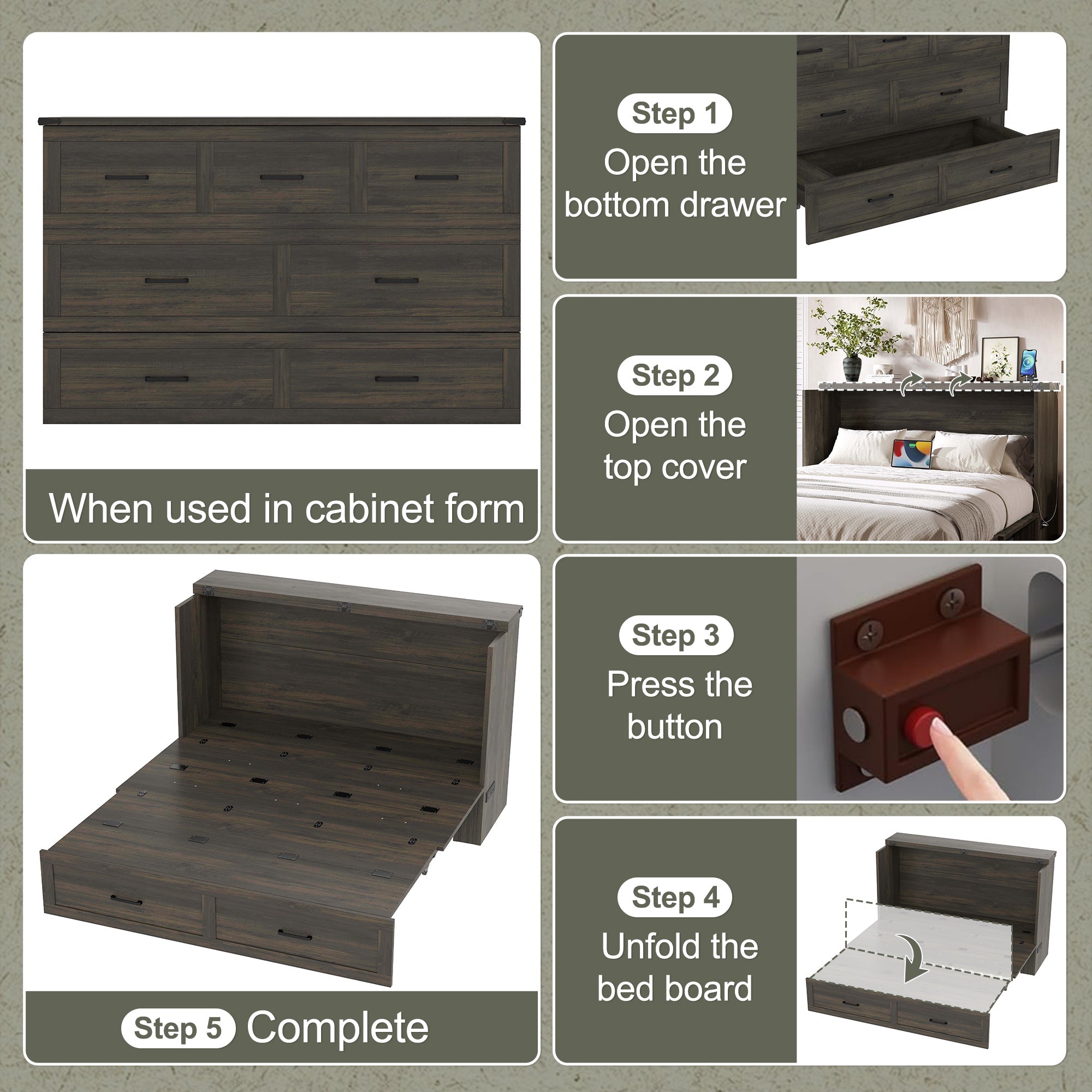 Murphy Bed Cabinet Queen Size with Charging Station, Multi-Functional Foldable Platform Bed with 1 Large Storage Drawer for Guest Room, Small Bedroom, Rustic Gray
