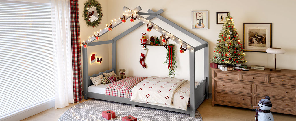Twin House Floor Bed with Support Slats, Solid Wood House Bed Frame for Kids, No Box Spring Needed and Opening Constructure, Gray