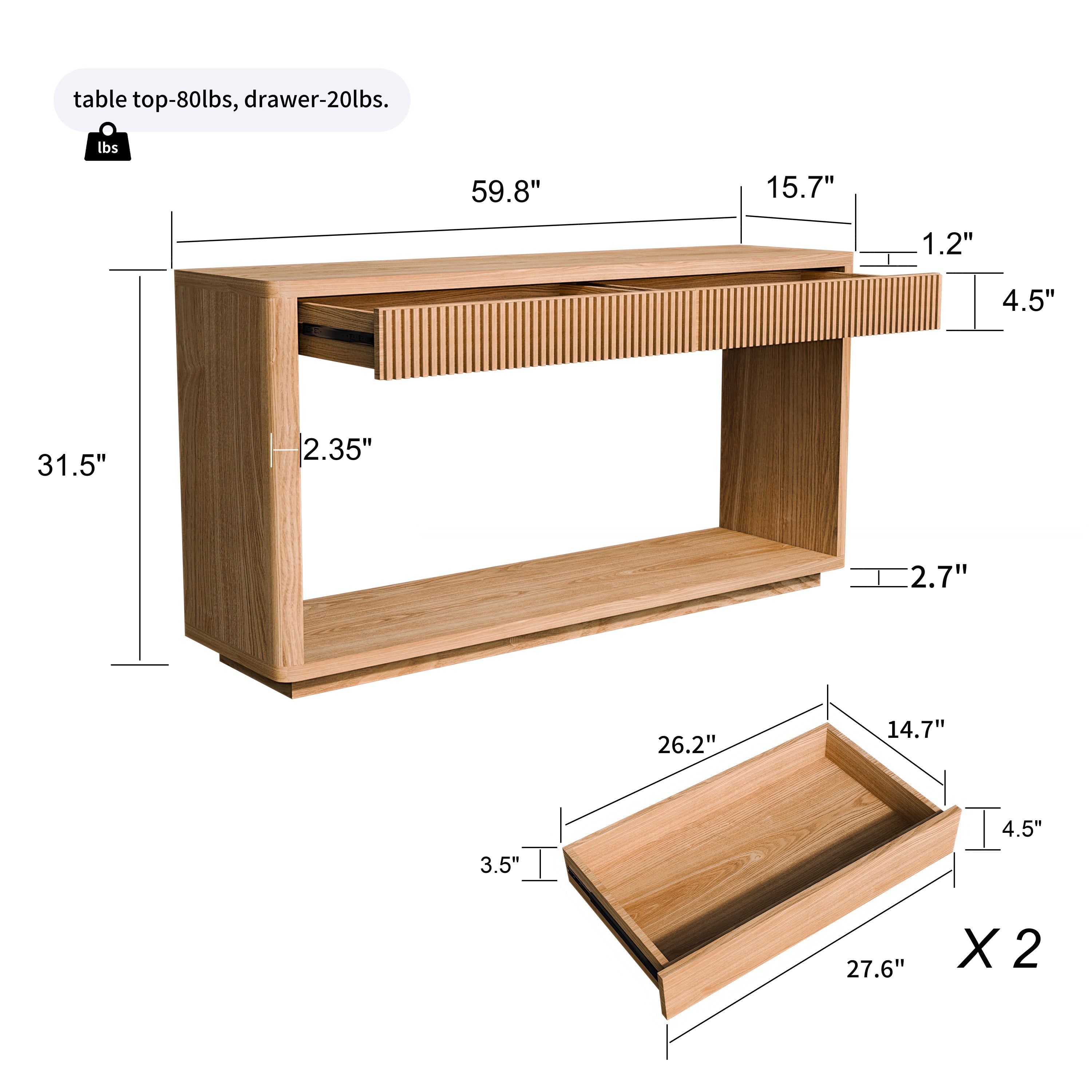 60' Modern 2-Drawer Fluted Console Table Natural Wood Veneer Sofa Table Behind Couch Table for Living Room, Hallway, Entryway, Home Office, Natural Wood