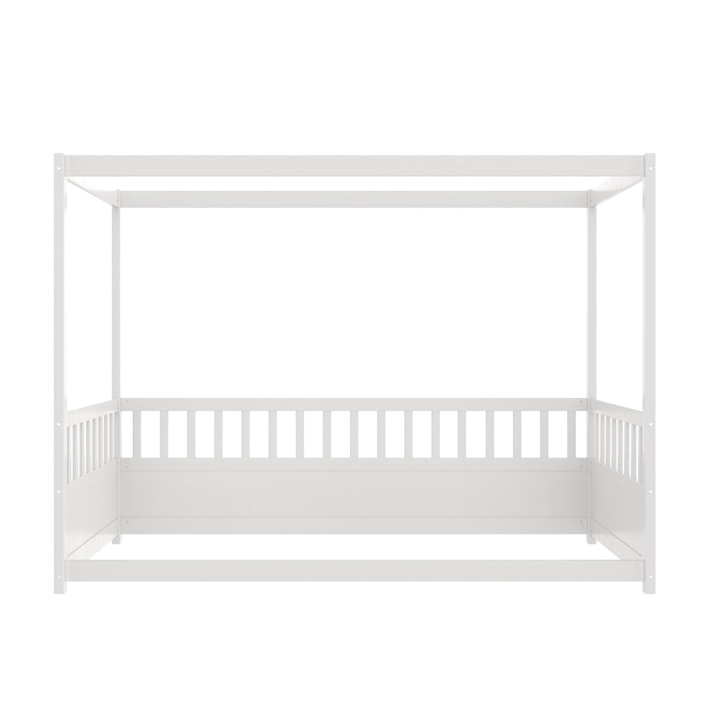 Twin Size Canopy Bed Frame with Guardrails for Kids,Floor Bed Twin with Four Poster Design,Kids Montessori Floor Bed,Wood Canopy Bed Frame for Girls,Boys(Twin,White)
