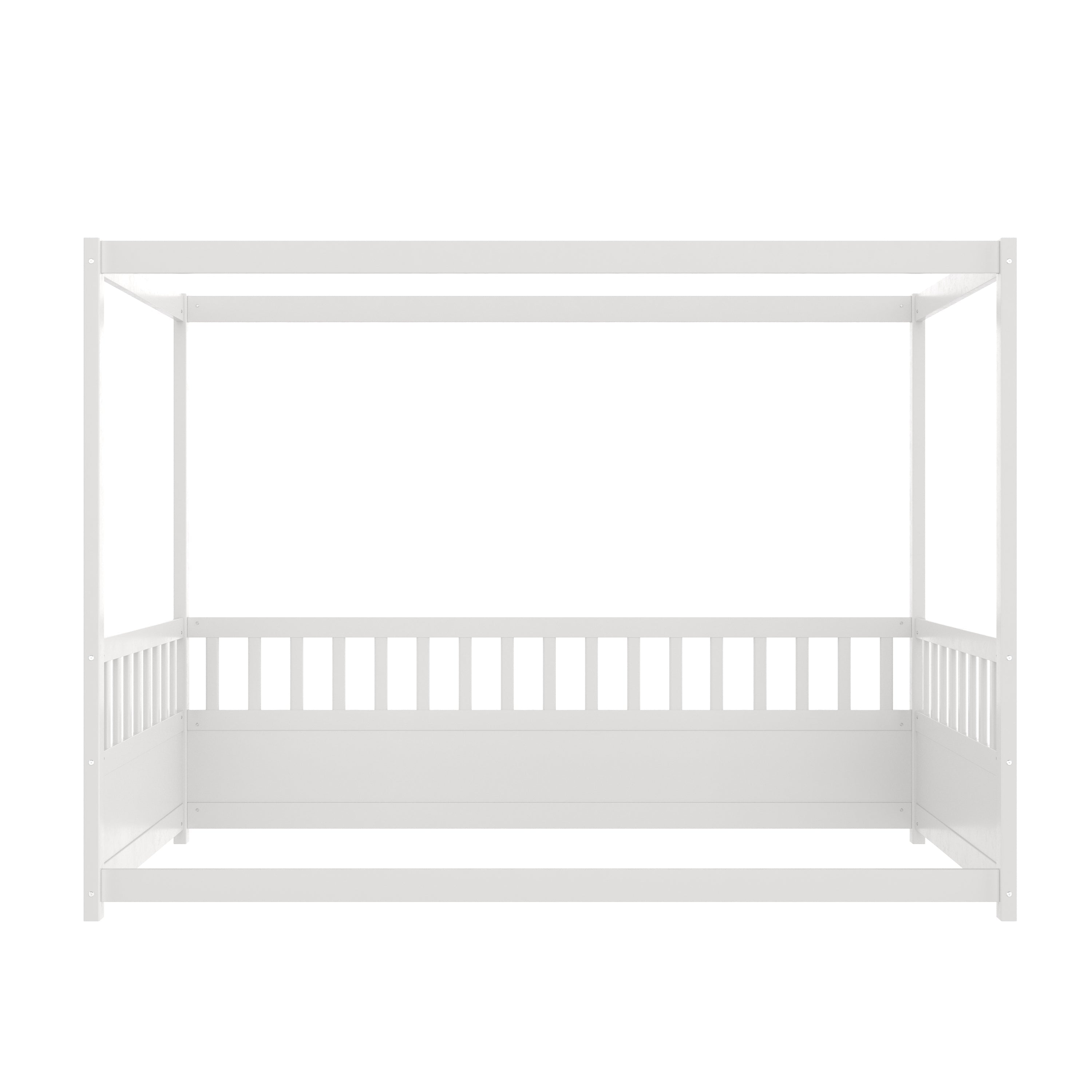 Twin Size Canopy Bed Frame with Guardrails for Kids,Floor Bed Twin with Four Poster Design,Kids Montessori Floor Bed,Wood Canopy Bed Frame for Girls,Boys(Twin,White)