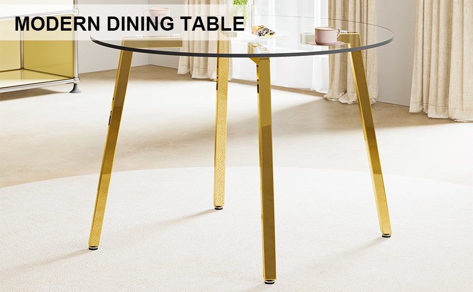 Modern minimalist style circular transparent tempered glass table, tempered glass tabletop, golden metal legs, suitable for kitchen, dining room, and living room, 42 '* 42' * 29.5 '1123r