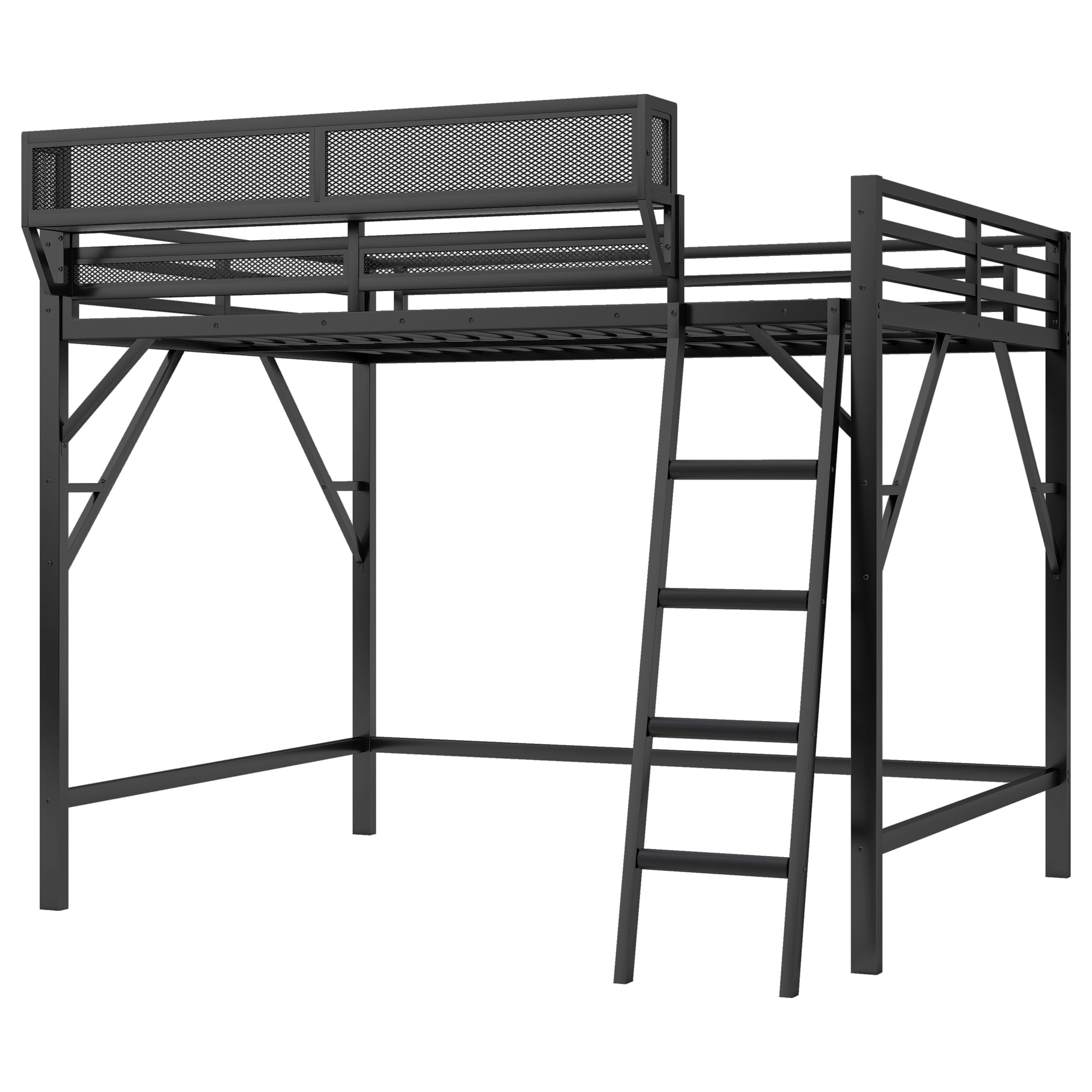Queen Size Loft Bed with Ladder, Metal Queen Loft Bed with Storage Shelves, High Loft Bed for Kids Teens, Black(Expect Arrival Date 2025/12/3, Old SKU W2580P353530)
