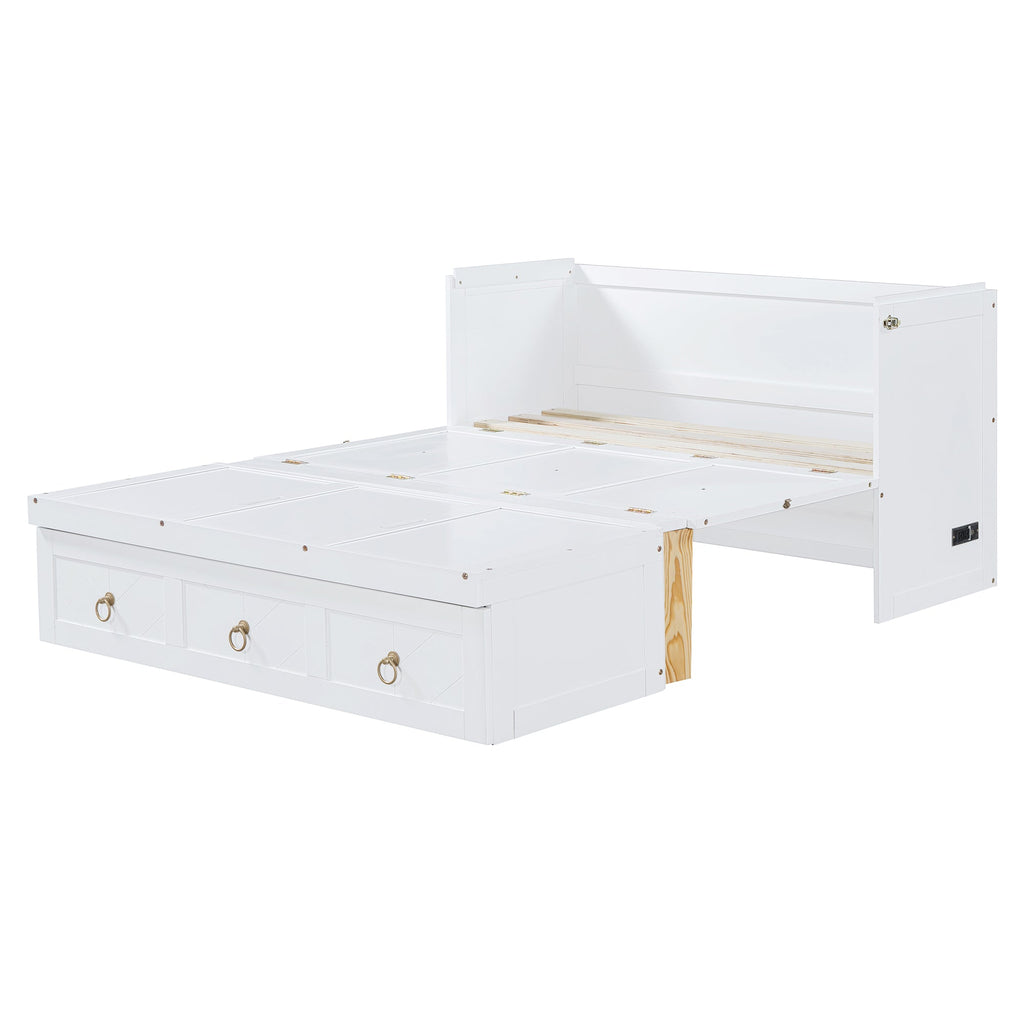 Full Size Murphy Bed with USB Port and a Large Drawer, White