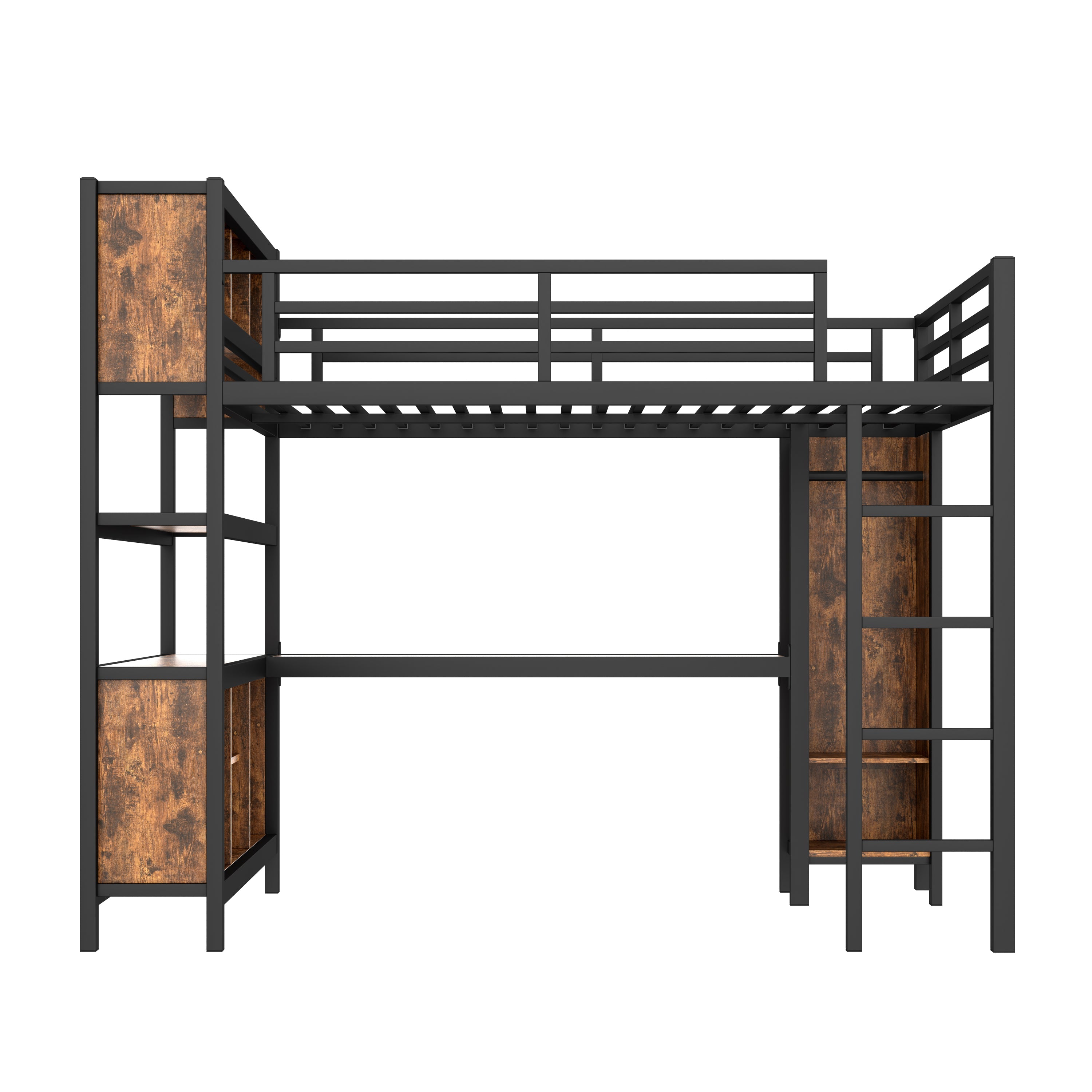 Metal Loft Bed with Wardrobe And L-shaped Desk, Queen Size Loft Bed with Storage Cubes and Shelves, Heavy Duty Loft Bed for Kids Teens Adults, Black Woodgrain