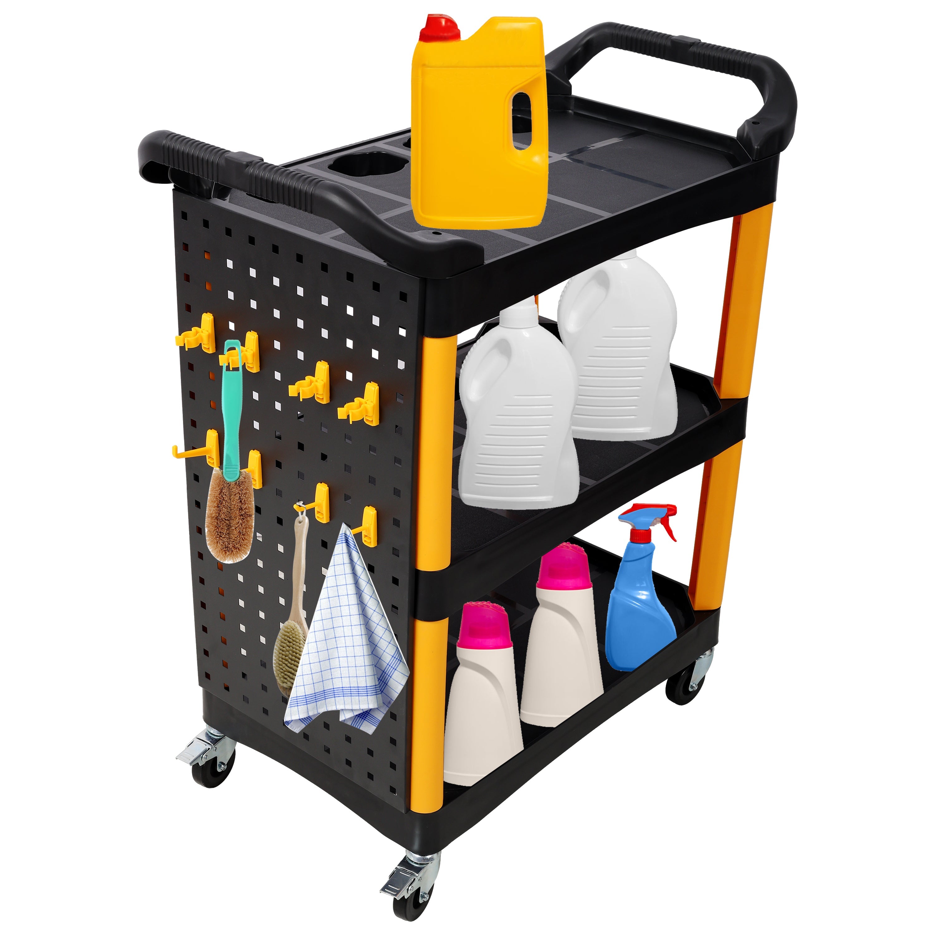 3 Tier Rolling Auto Detail Cart With Wheels,With Panel & Hook,for Detailers Garage, Workshop, Repair Shop, Storage Tool, Yellow&Black