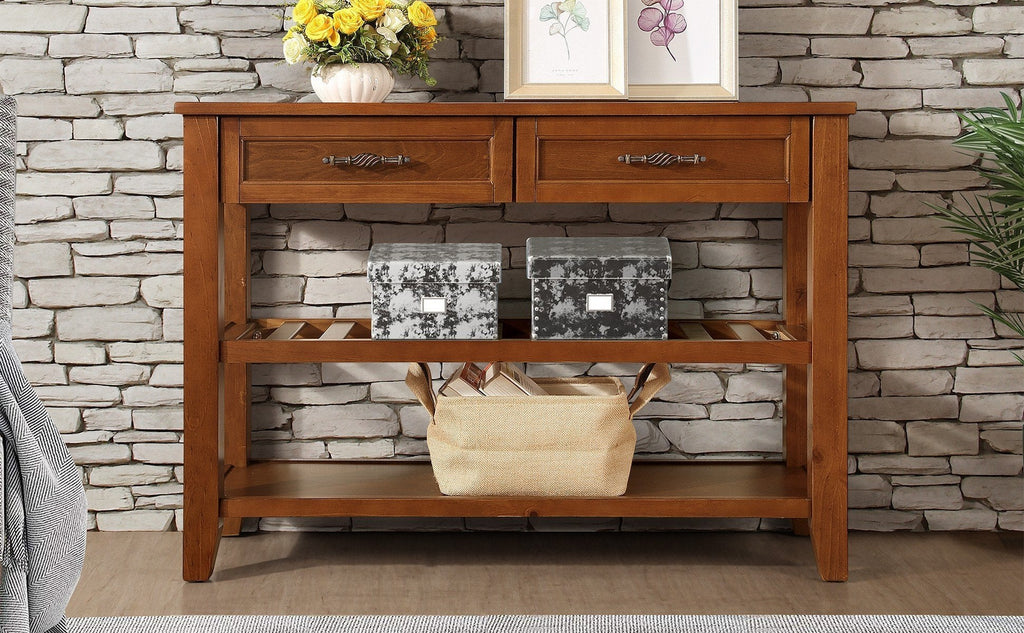 Console Sofa Table with 2 Storage Drawers and 2 Tiers Shelves, Mid-Century Style 42'' Solid Wood Buffet Sideboard for Living Room Furniture Kitchen Dining Room Entryway Hallway, Brown