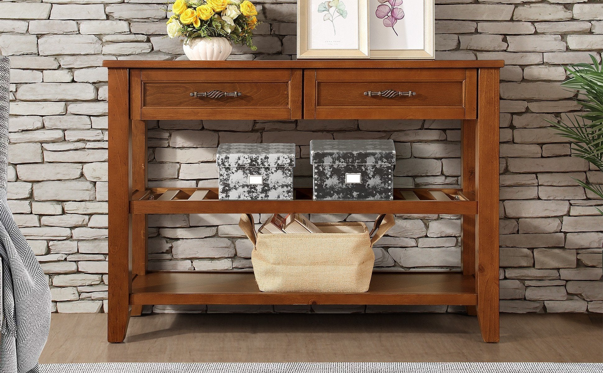 Console Sofa Table with 2 Storage Drawers and 2 Tiers Shelves, Mid-Century Style 42'' Solid Wood Buffet Sideboard for Living Room Furniture Kitchen Dining Room Entryway Hallway, Brown