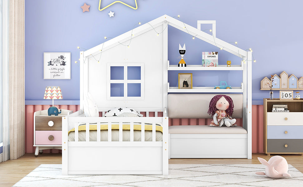 Twin Size House Bed with Sofa, Kids Platform Bed with Two Drawers and Storage Shelf, White (Old SKU:HL000065AAK)
