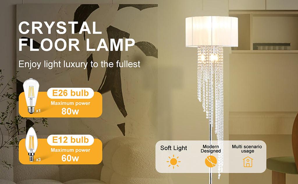 65.75'H Sheer White Drum Shade Rain Crystal Chrome Metal Floor Lamp for Living Room, Standing Lamp for Bedroom