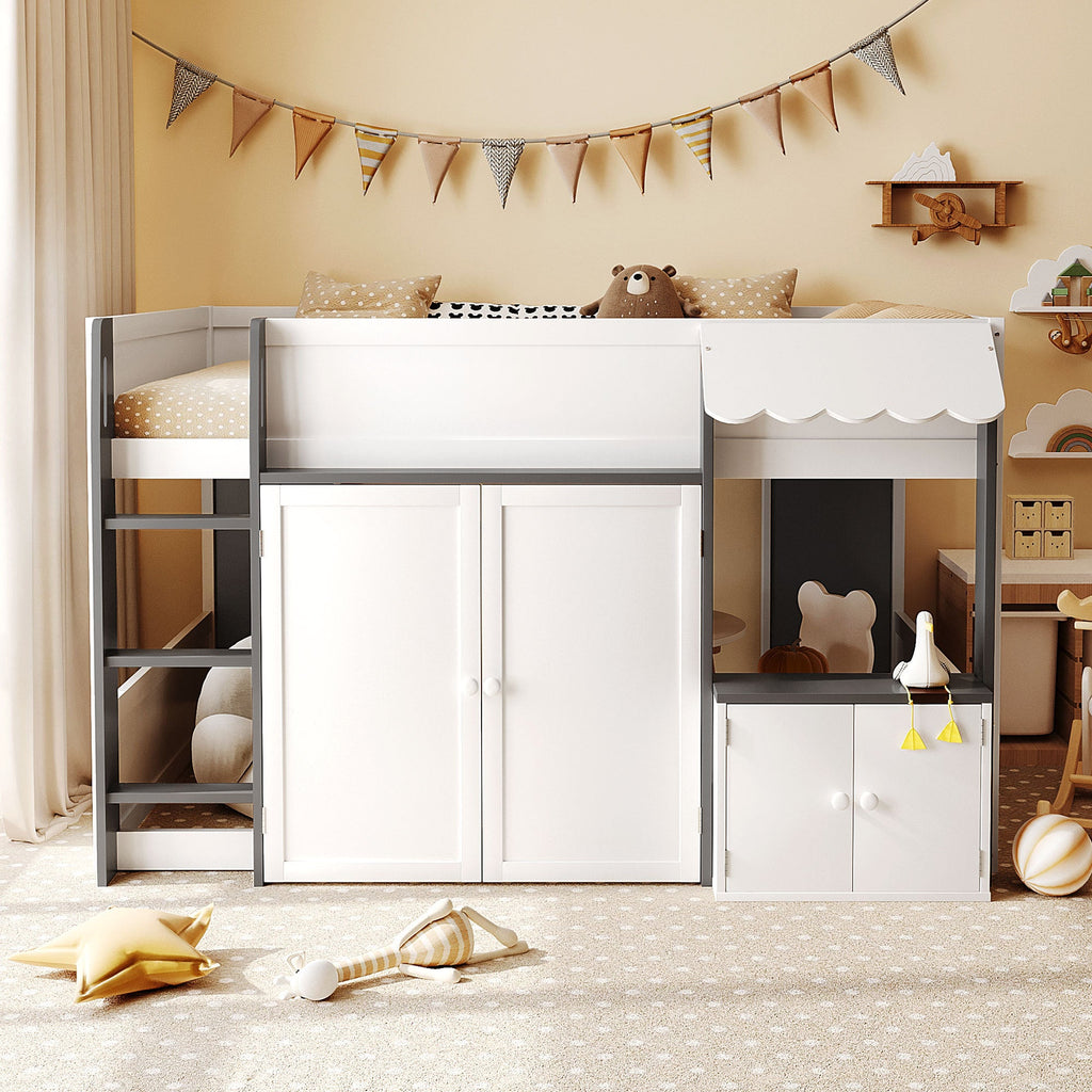 Full Loft House Bed with Playhouse & Storage, Modern Wood Cabin Bed for Kids/Teens, White+Gray