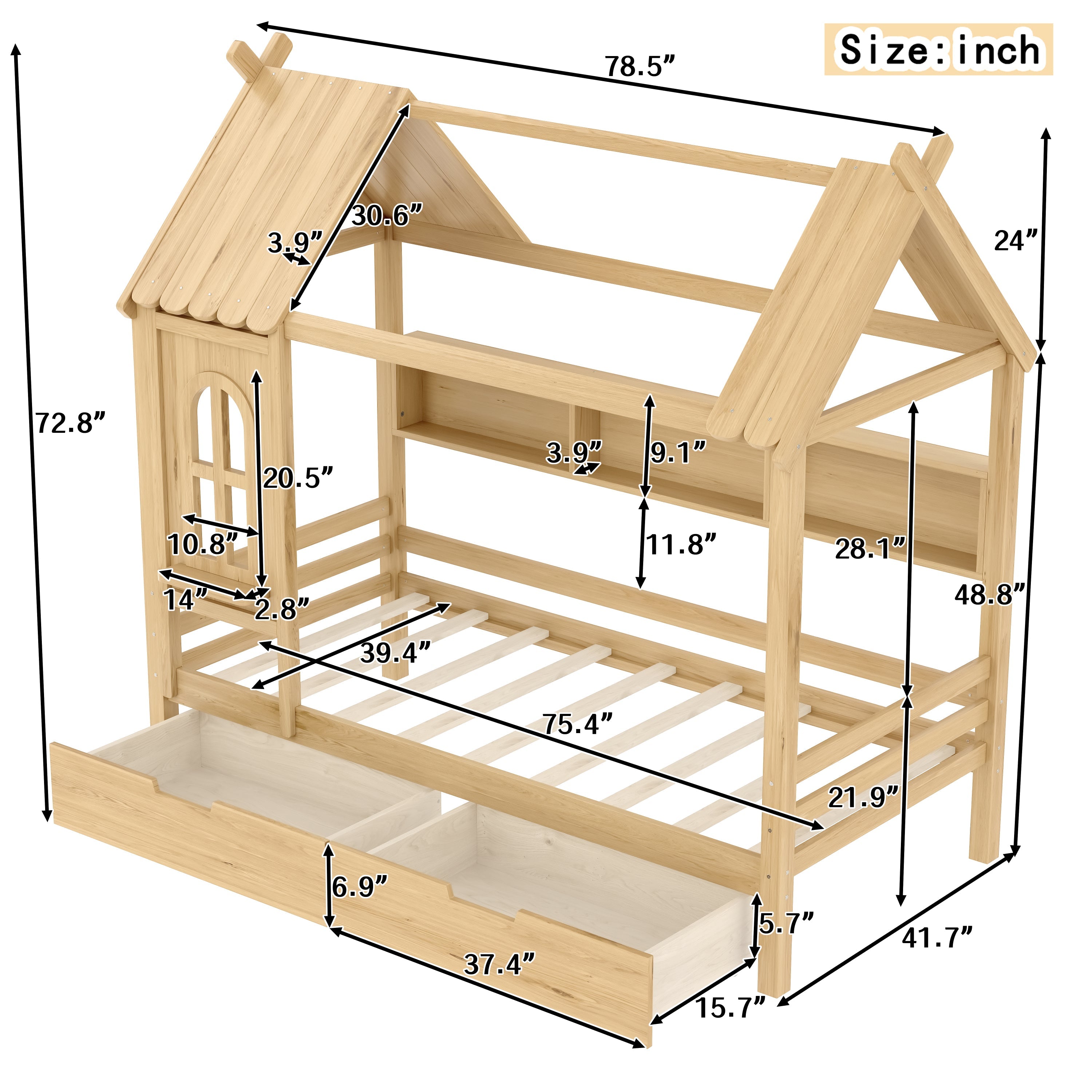 Twin house Beds with Storage Drawers and Window, Solid Wood House Platform Bed Frame with shelves, for Kids, Girls, Boys, No Spring Box Needed and Childlike Design, Natural