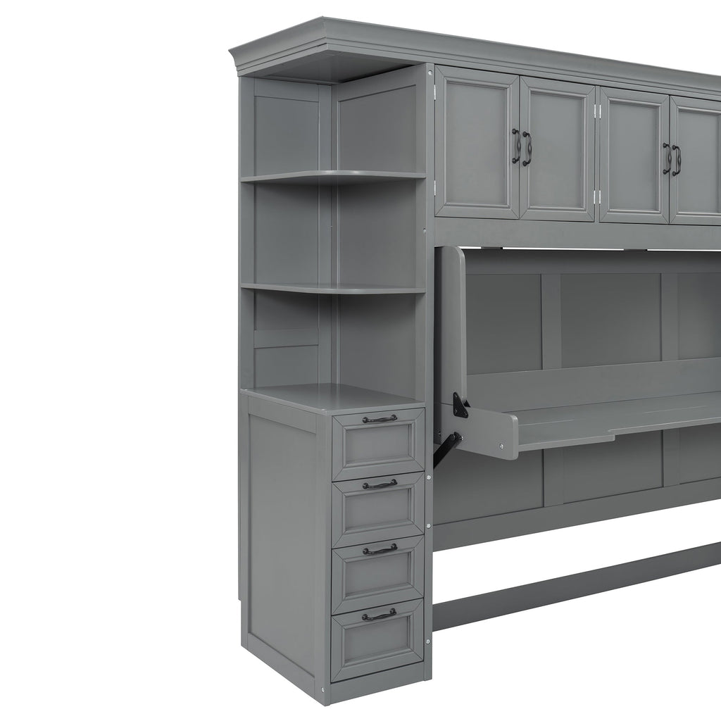 Twin Size Murphy Bed Wall Bed with Wardrobe, Cabinet and Desk, Gray