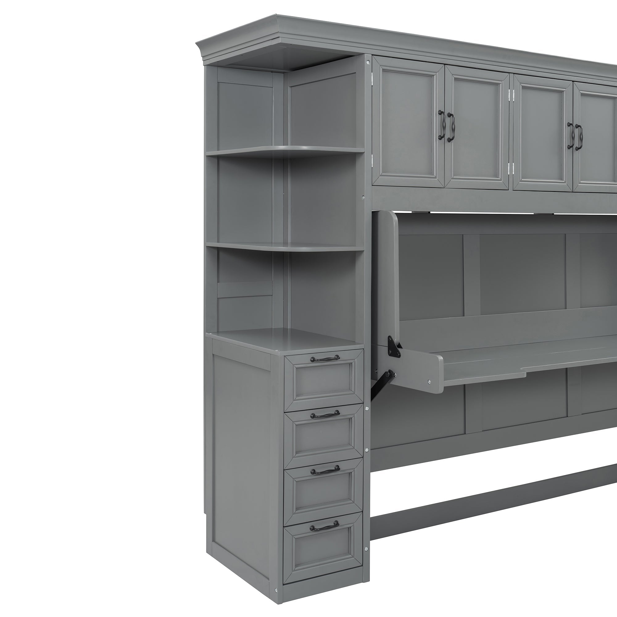 Twin Size Murphy Bed Wall Bed with Wardrobe, Cabinet and Desk, Gray