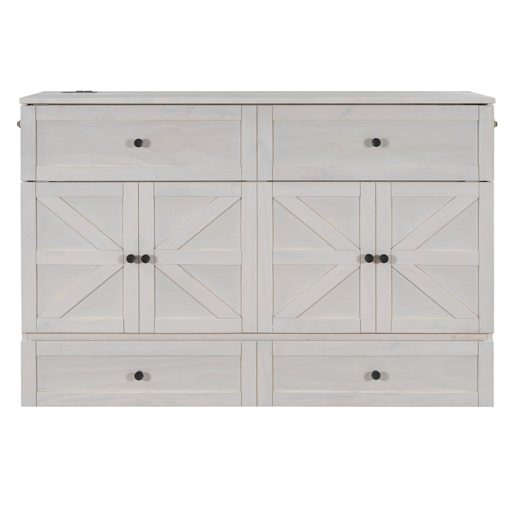 Queen Size Murphy Bed with Large Drawers & USB Ports,Brushed White
