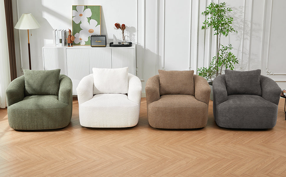 360° Swivel Chair, Chenille Upholstered Barrel Sofa Chair with Throw Pillow, Green, 38.2' for Living Room, Bedroom, Office