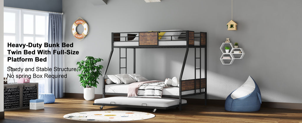 Twin Over Full Bunk Beds with Trundle, Metal Bunk Bed Frame with Safety Guardrail and 2 Ladder for Kids,Sturdy Metal Frame and Protective Board Supports, No Box Spring Needed, Easy Assembly
