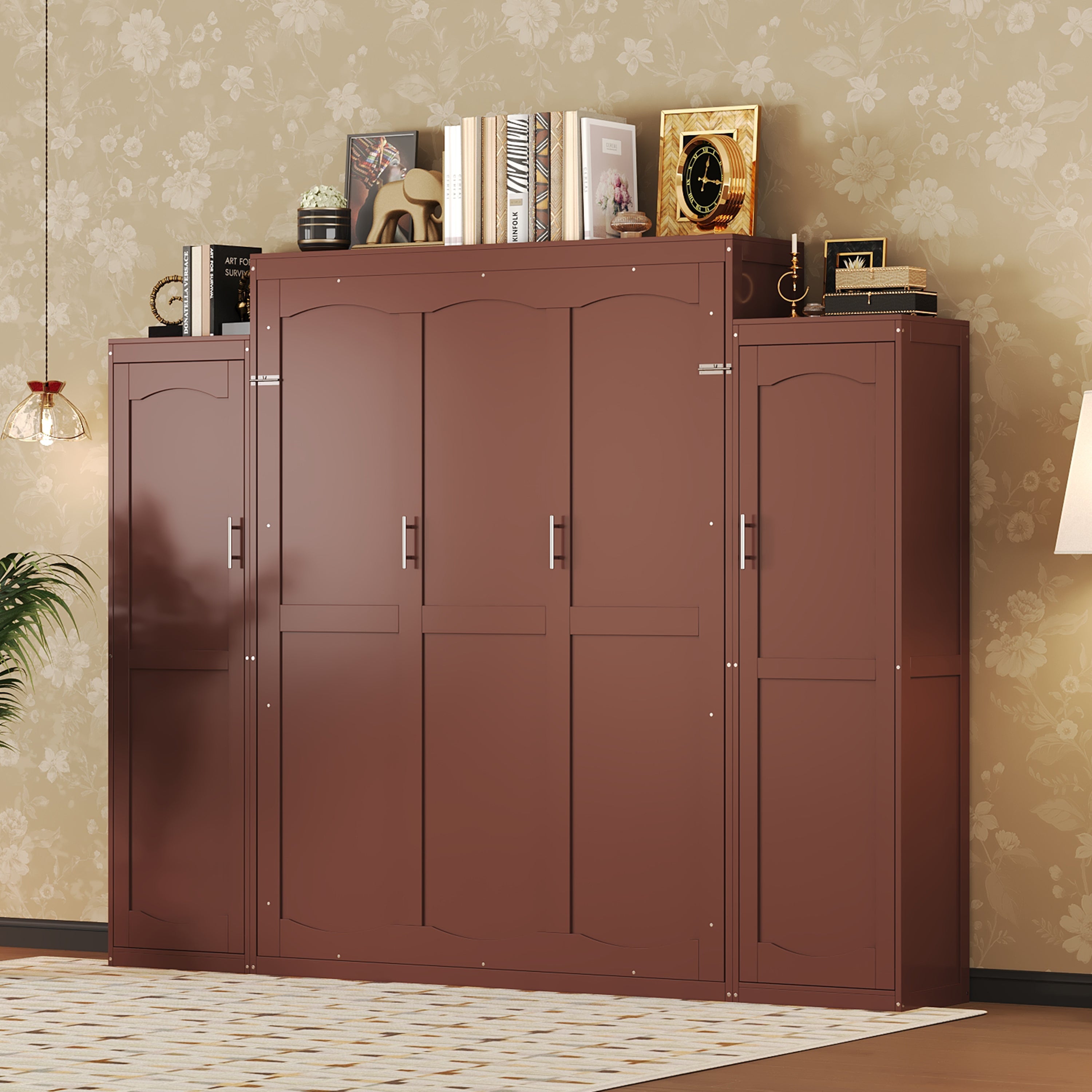 Queen Size Murphy Bed, Wooden Queen Wall Bed with 2 Wardrobe and Storage Shelf, Multifunctional Foldable Platform Bedframe for Guest-Room, Bedroom, Walnut