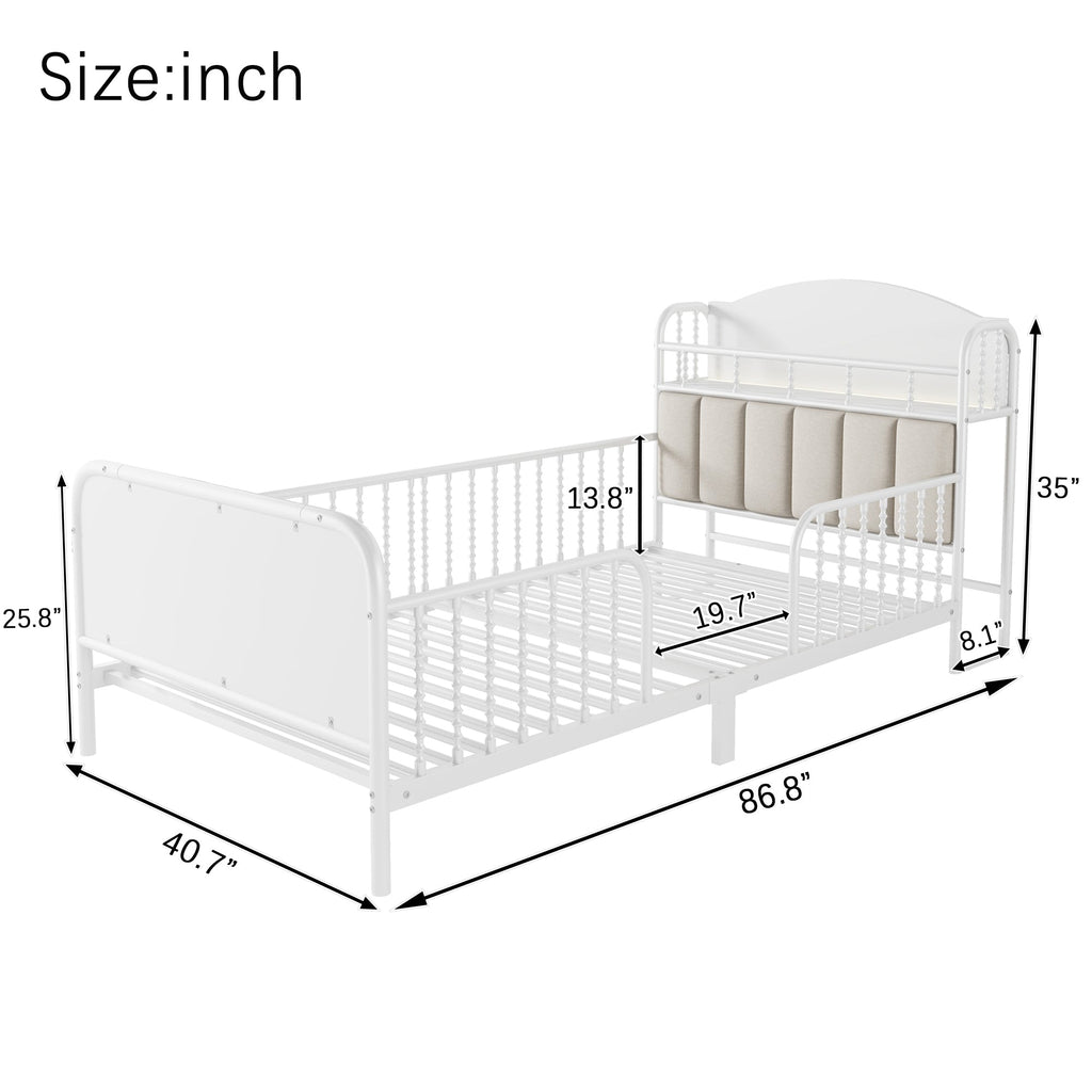 Twin Size Metal Platform Bed Frame with Light, Kids Twin Metal Bed with Upholstered and Storage Headboard, White (Expect Arrival Date 2025/10/5)