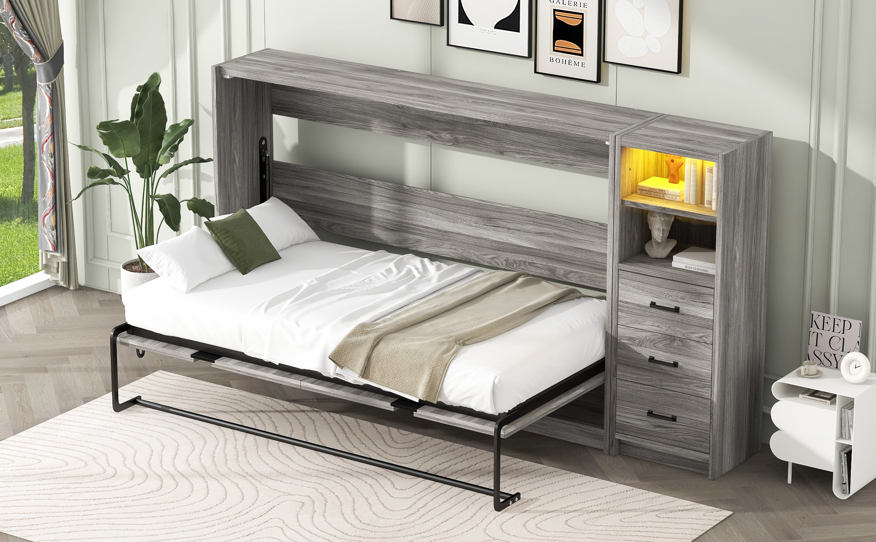 Twin Size Murphy Bed with Drawers and LED Light, can be Folded into a Cabinet, Gray