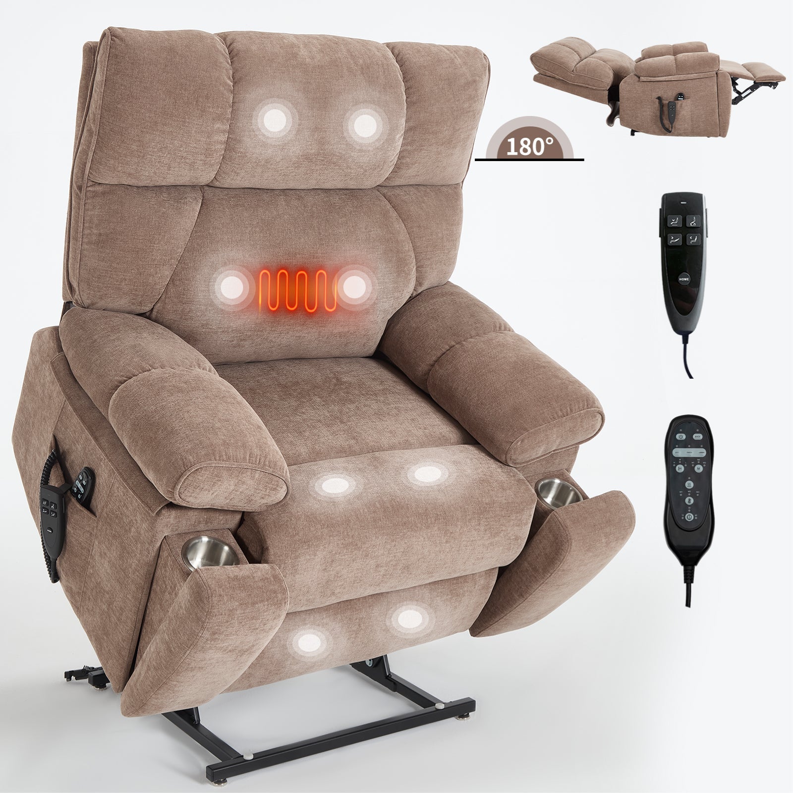 Brown Heat Massage Dual Motor Infinite Position Up to 350 LBS Large Electric Power Lift Recliners with Hidden Cup Holders, Power-Remote, Medium-firm and Heavy Duty