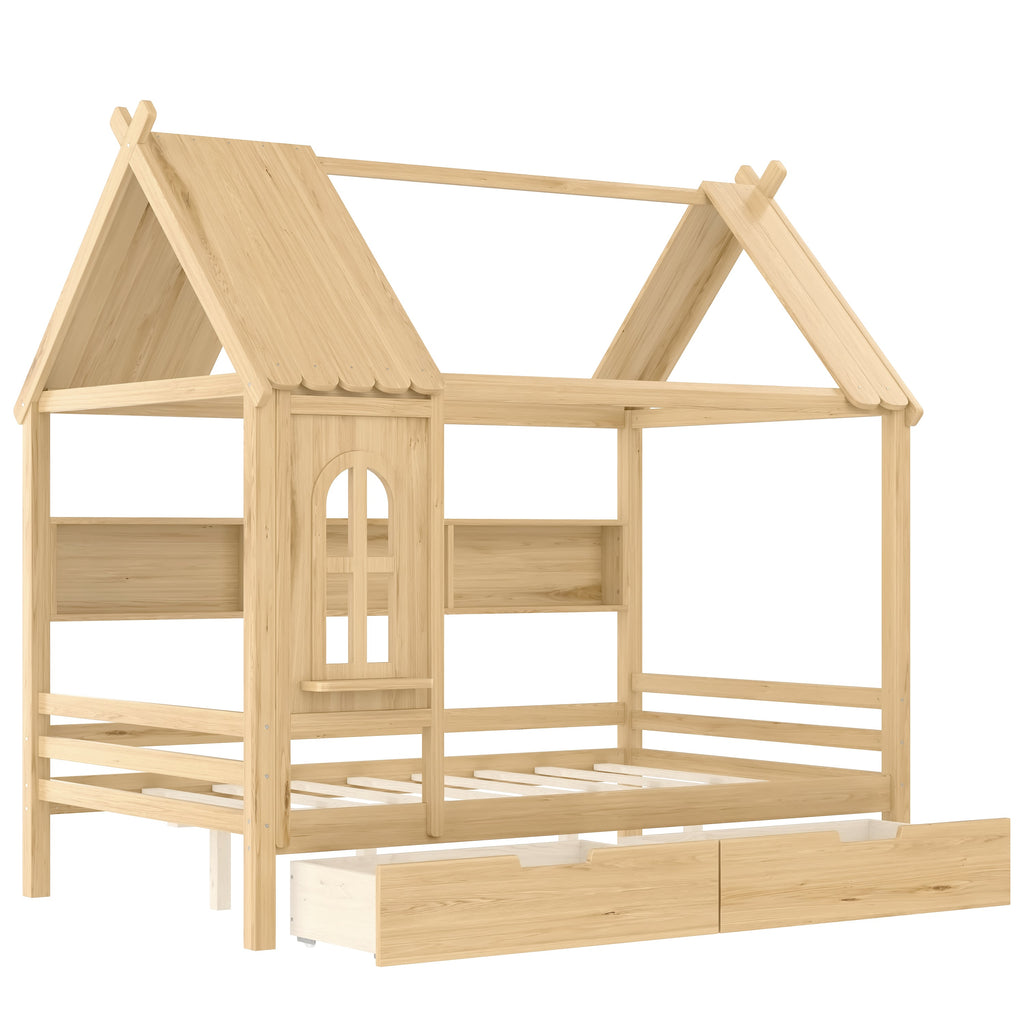 Full house Beds with Storage Drawers and Window, Solid Wood House Platform Bed Frame with shelves, for Kids, Girls, Boys, No Spring Box Needed and Childlike Design, Natural