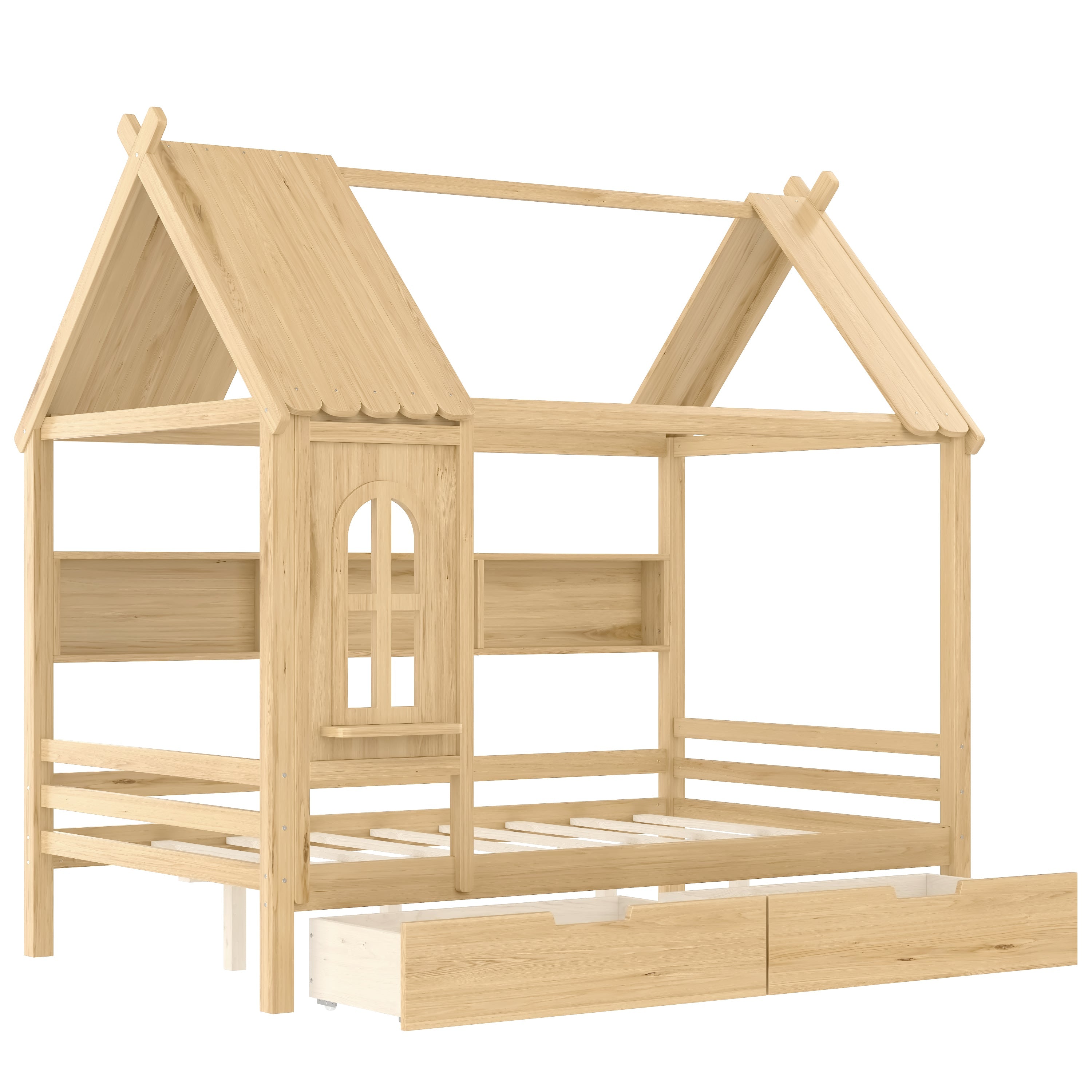 Full house Beds with Storage Drawers and Window, Solid Wood House Platform Bed Frame with shelves, for Kids, Girls, Boys, No Spring Box Needed and Childlike Design, Natural