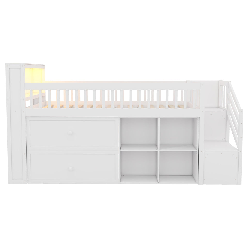 Twin Size Loft Bed with LED and Bookshelf, Wood Low Loft Bed with Stairs, Kids Twin Loft Bed with Storage Drawers and Shelves,White (Expect Arrival Date 2025/1/20)