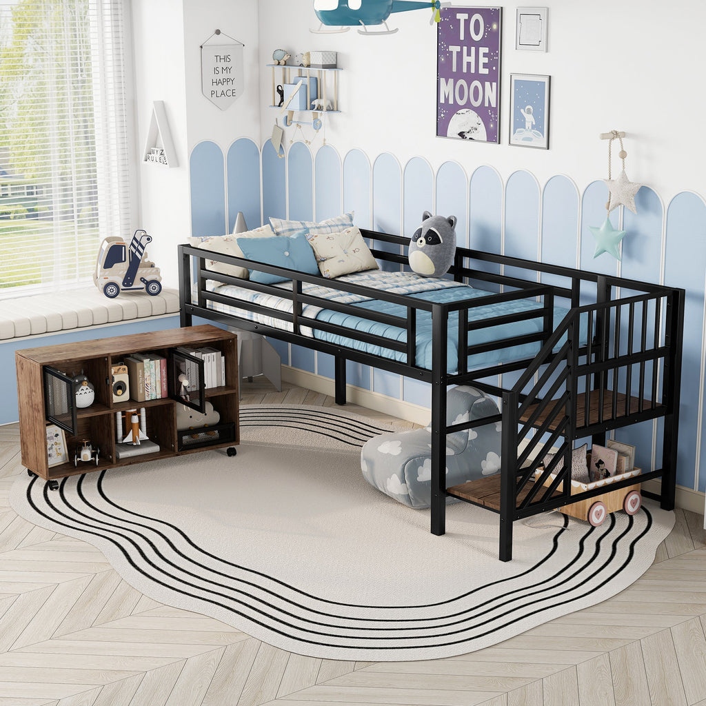 Twin Metal Loft Bed with Storage Cubby, Low Metal Loft Bed with Stairs for Kids, Black, Expect Arrival Date 2025/11/10