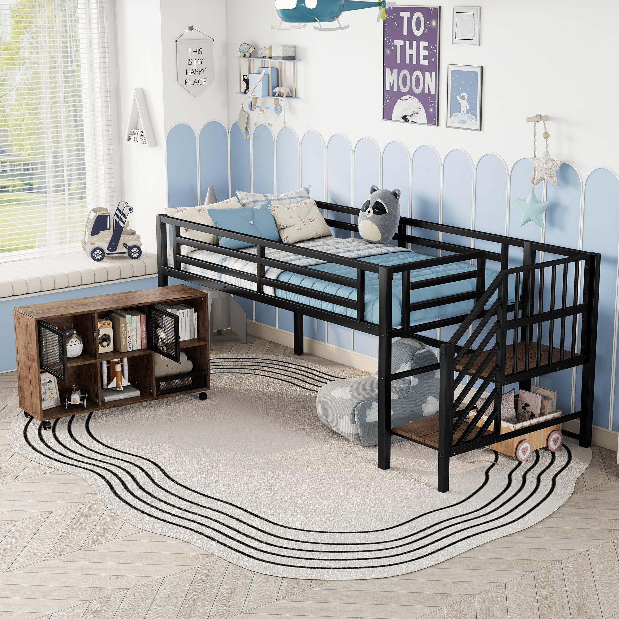 Twin Metal Loft Bed with Storage Cubby, Low Metal Loft Bed with Stairs for Kids, Black, Expect Arrival Date 2025/11/10