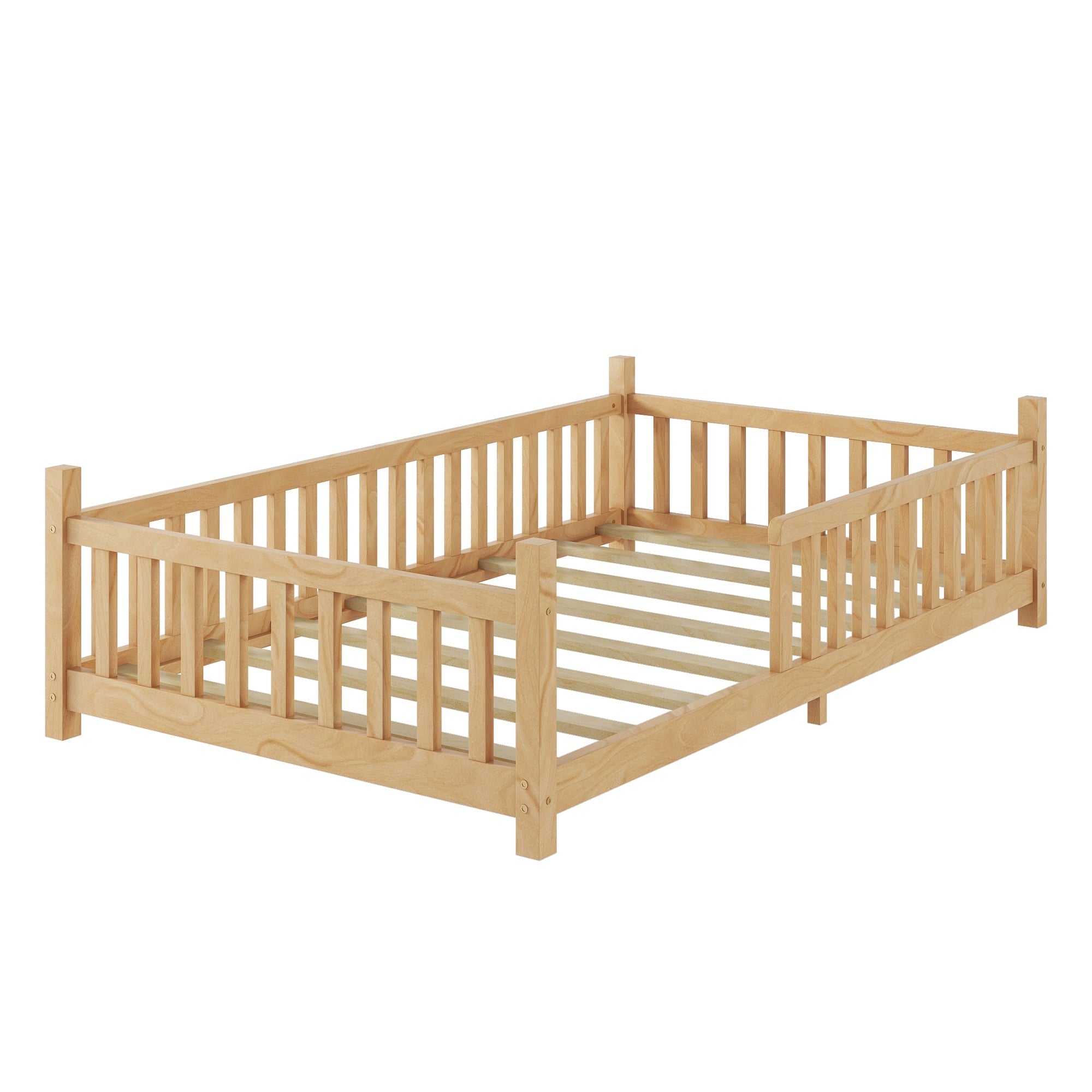 Twin House Bed with Light, Low Floor House Bed with Fence and Roof for Kids Boys Girls,Natural(Expect arrive date 2025/7/20)