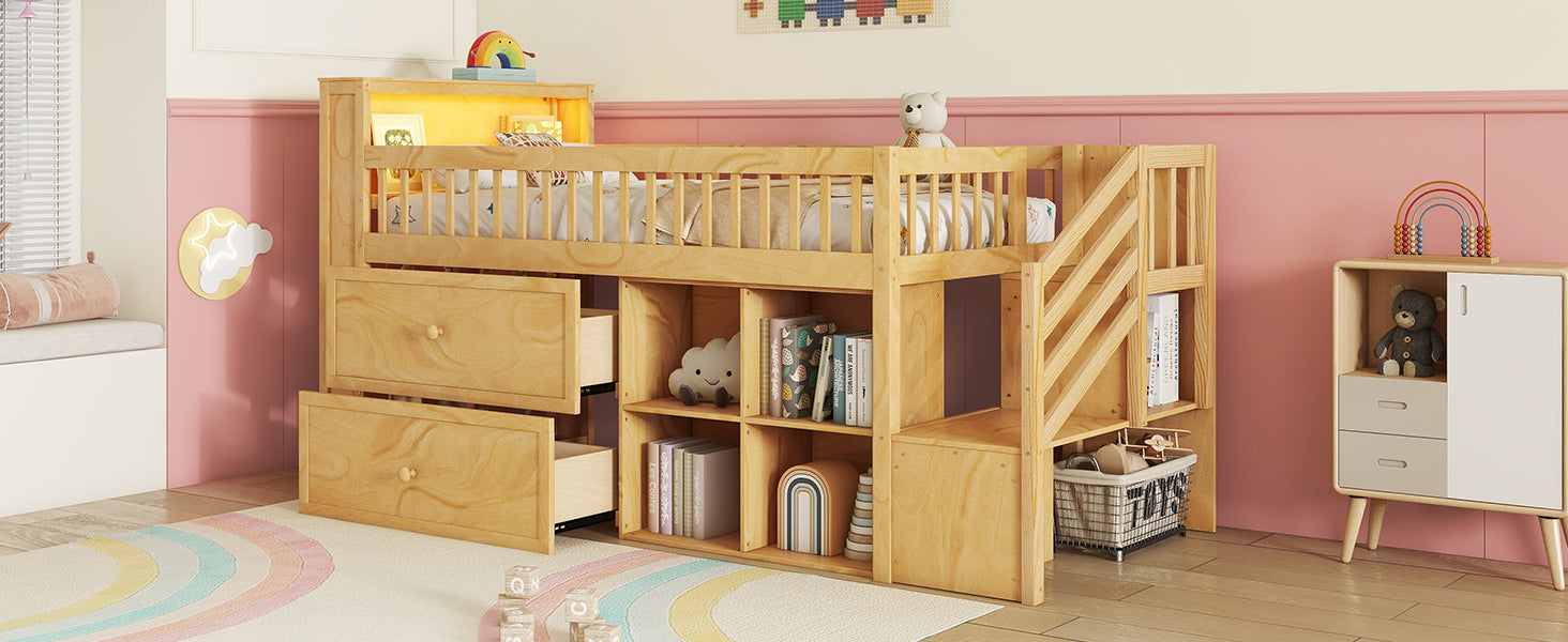 Twin Size Loft Bed with LED and Bookshelf, Wood Low Loft Bed with Stairs, Kids Twin Loft Bed with Storage Drawers and Shelves, Natural (Expect Arrival Date 2025/1/20)