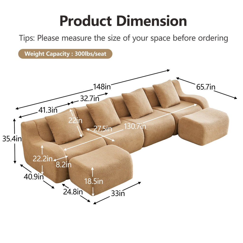 U-Shaped Boneless Sofa,Teddy Fabric No assembly required   Curved armrest,Anti-slip Design,Streamlined Design 32D High Density Sponge,Full Compression Vacuum Packag,For Studies living Rooms,Camel