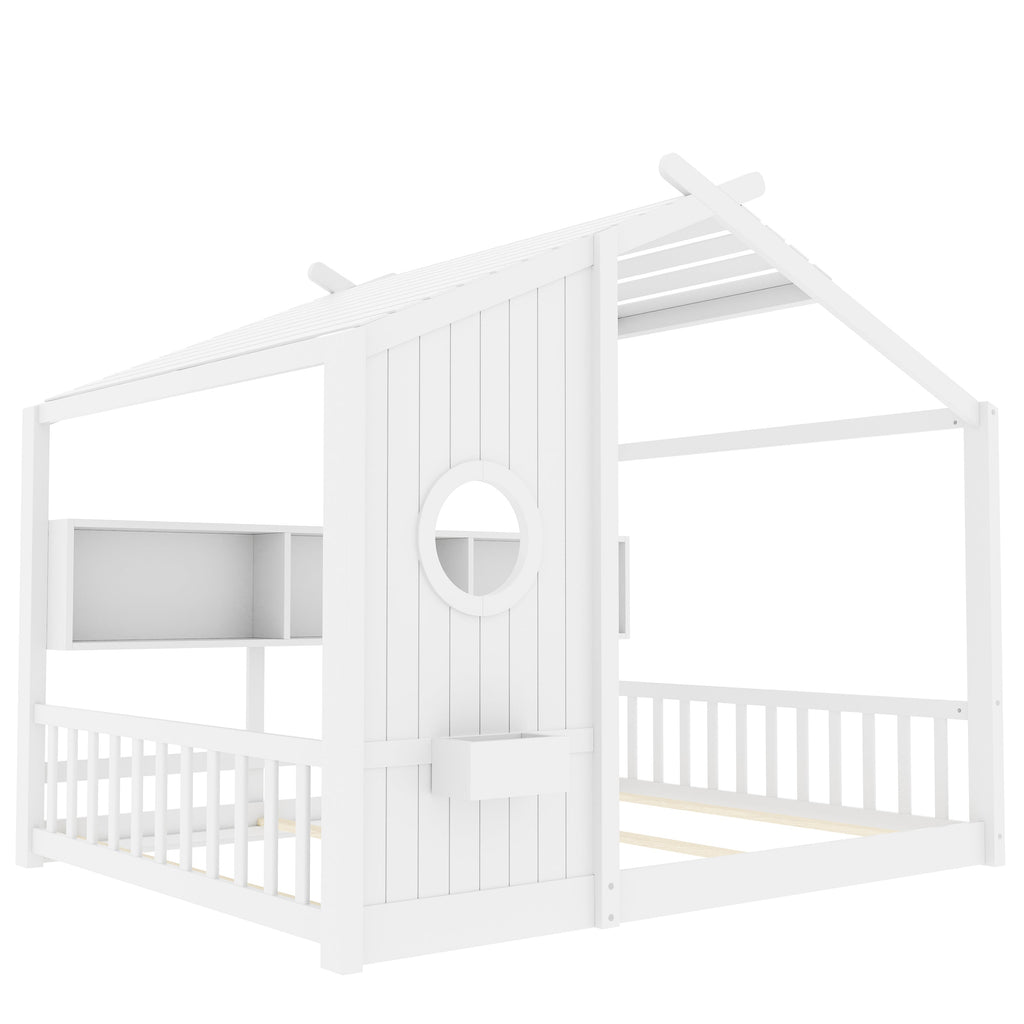 Full Size Floor House Bed for Toddler, Kids Montessori Bed  with Storage Shelf, Playhouse Bed with Roof Design, White