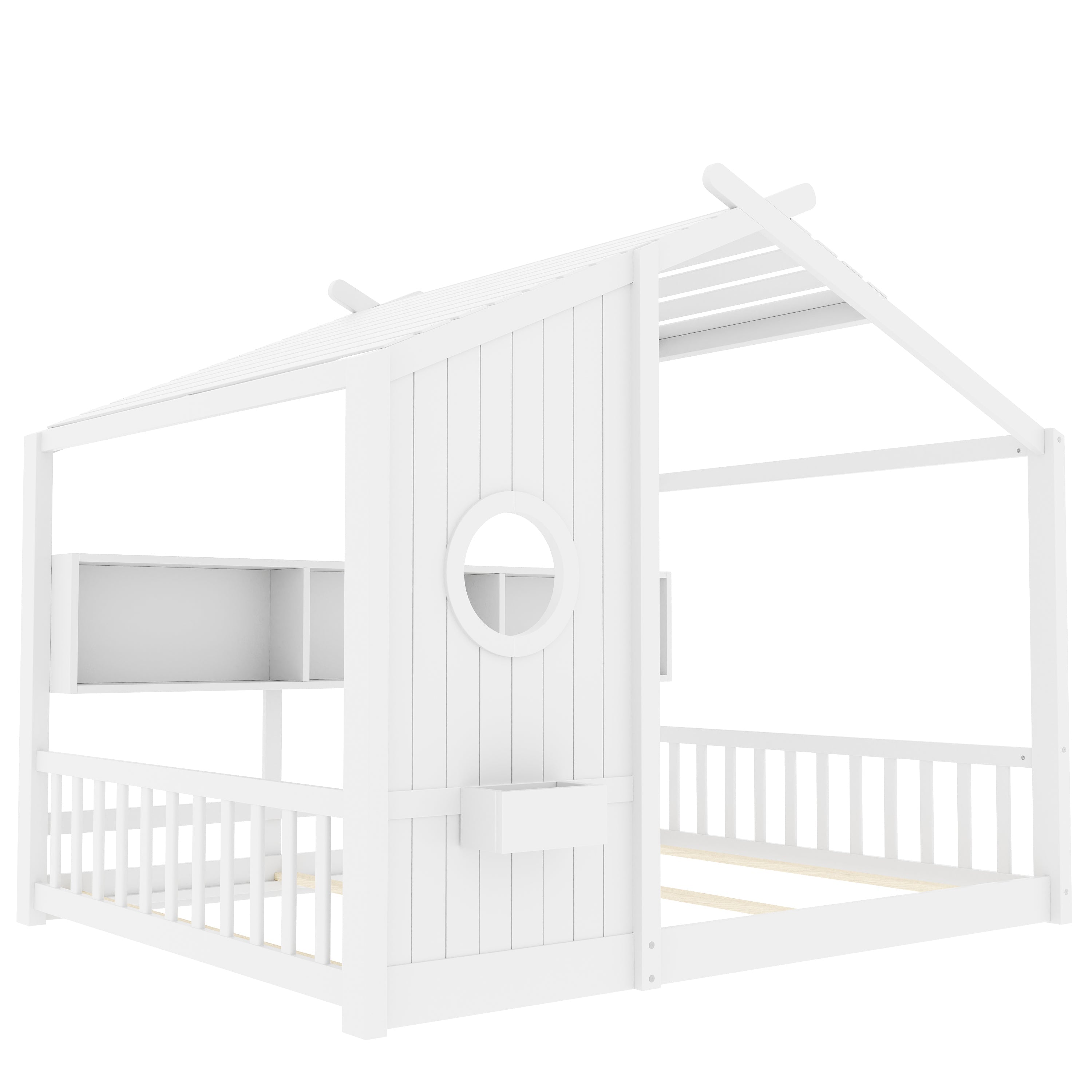 Full Size Floor House Bed for Toddler, Kids Montessori Bed  with Storage Shelf, Playhouse Bed with Roof Design, White