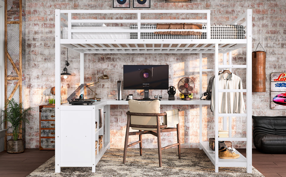 Metal Loft Bed with Wardrobe and L-shaped Desk, Full Size Loft Bed with Storage Cubes and Shelves, Loft Bed for Kids Teens Adults, White