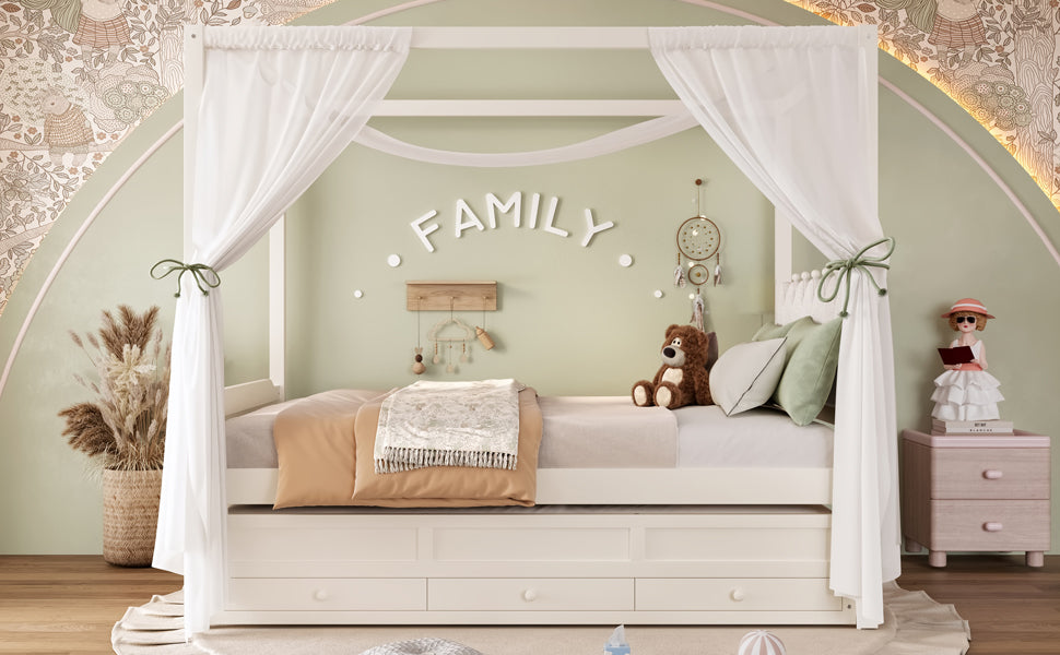 Full Platform Bed with Upholstered Headboard,Twin Size Trundle and 3 Drawers,Princess Canopy Bed Frame for Kids,Storage & Easy Assembly,Beige.
