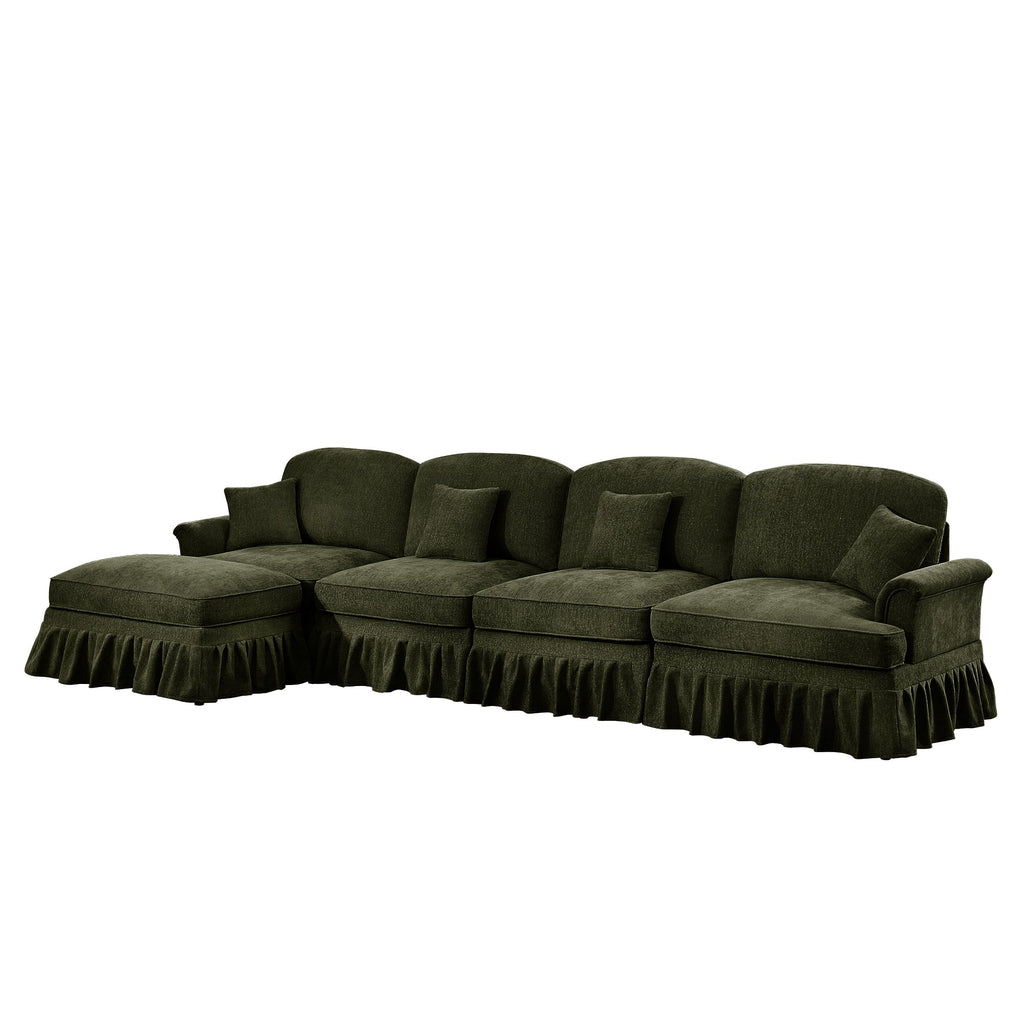 Classic Three Seater Modular L Shaped Sectional Couch with Flared Arms and Removable Ruffles Pleats Skirts and Spindle Legs, Comfy Chenille Four-Seat Deep Seat Sofa with Movable Ottoman, Green