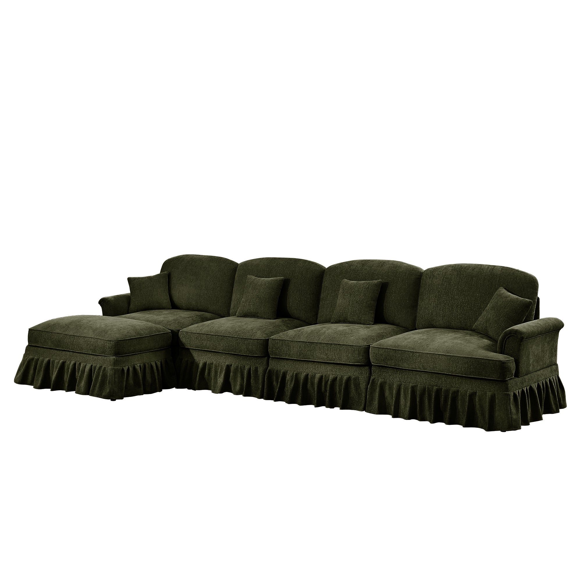Classic Three Seater Modular L Shaped Sectional Couch with Flared Arms and Removable Ruffles Pleats Skirts and Spindle Legs, Comfy Chenille Four-Seat Deep Seat Sofa with Movable Ottoman, Green