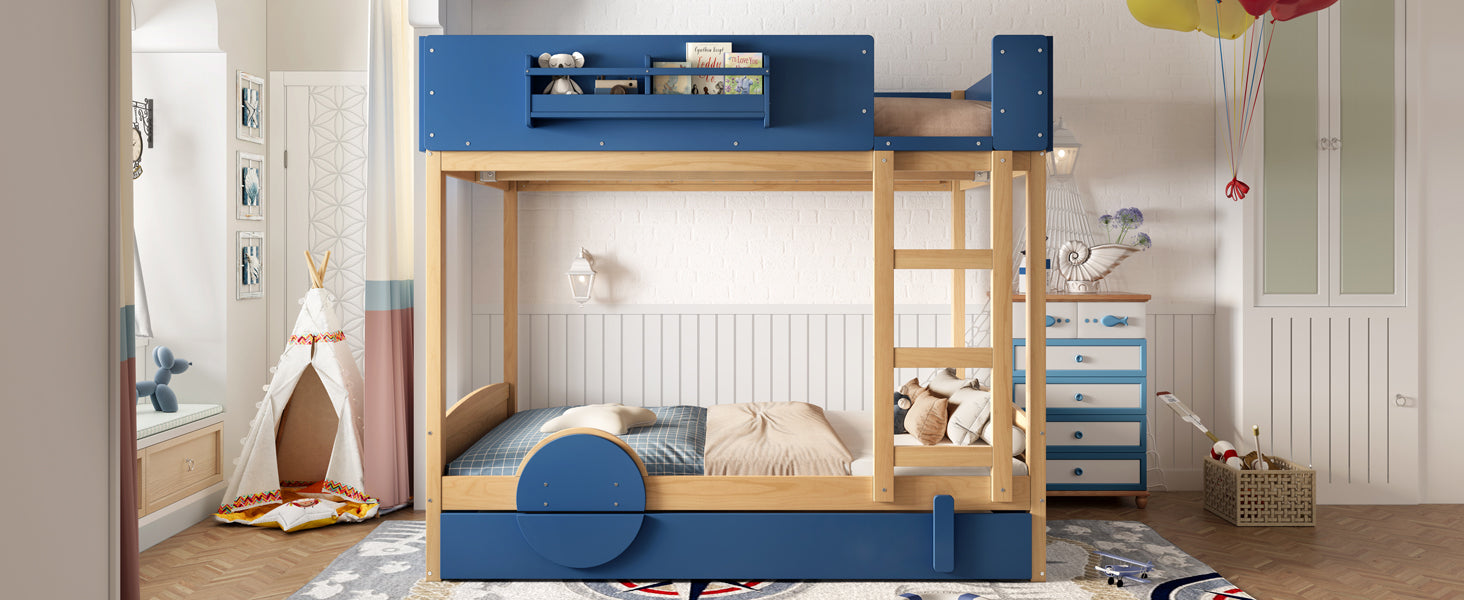 Full Bunk Bed with Trundle , Wood Bunk Bed Frame with Built-inBookshelf and High-quality Safety Guardrail,Automobile Form Design for Kids ,Blue＆Natural.