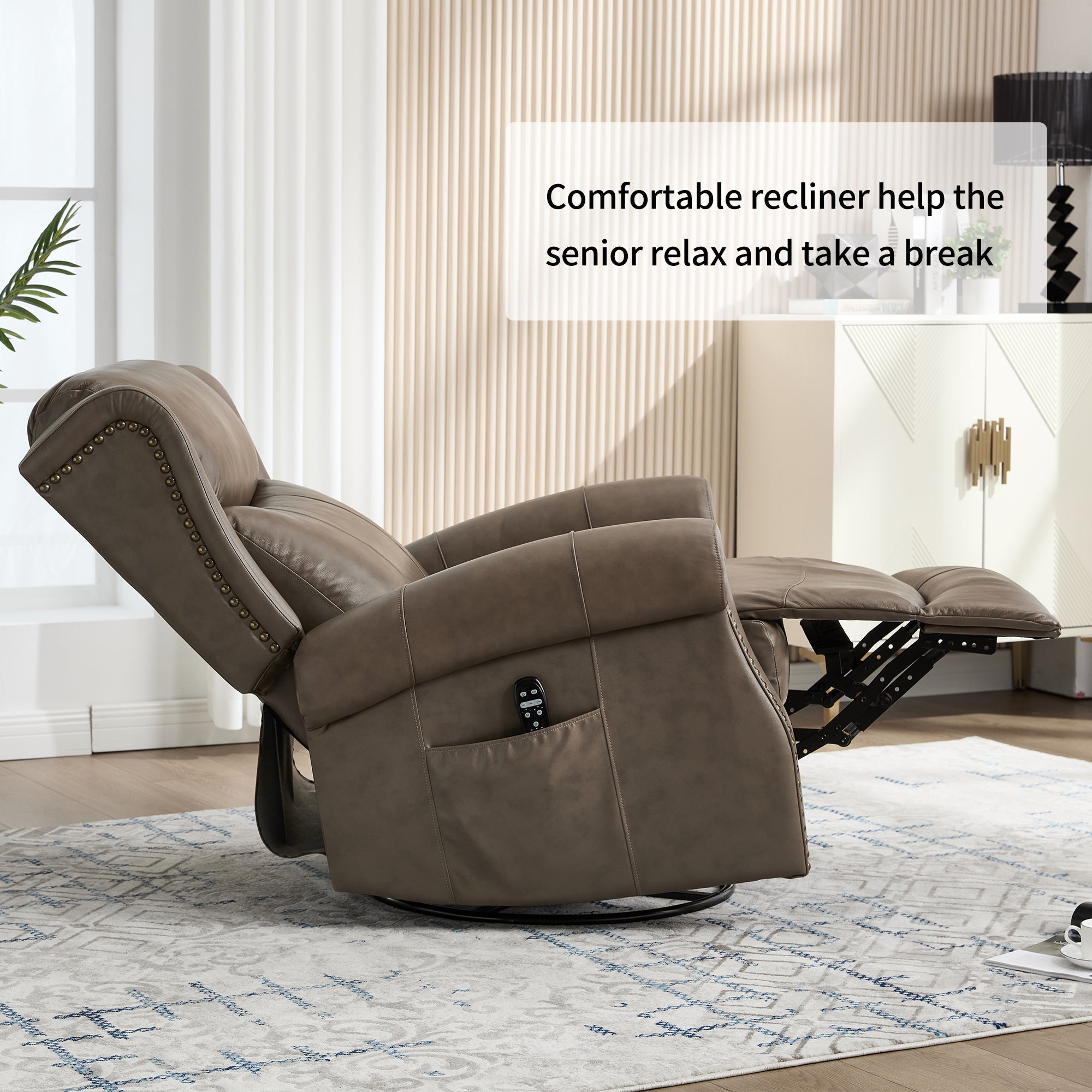 Heat Massage Manual Recliner Chair with Rocker and Swivel in Genuine leather for Living Room
