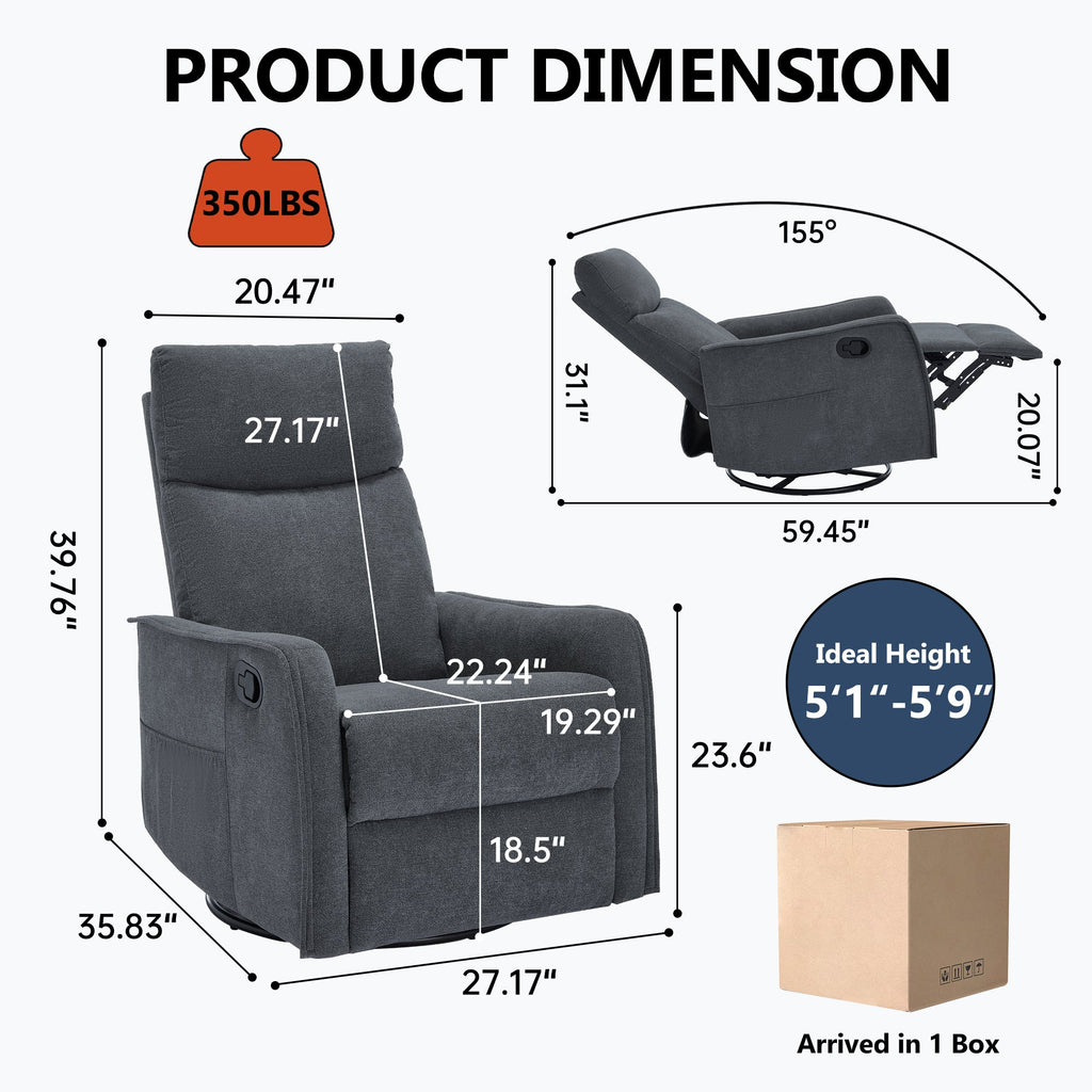 Heat Massage Manual Recliner Chair with Rocker and Swivel in Fabric for Living Room, Grey