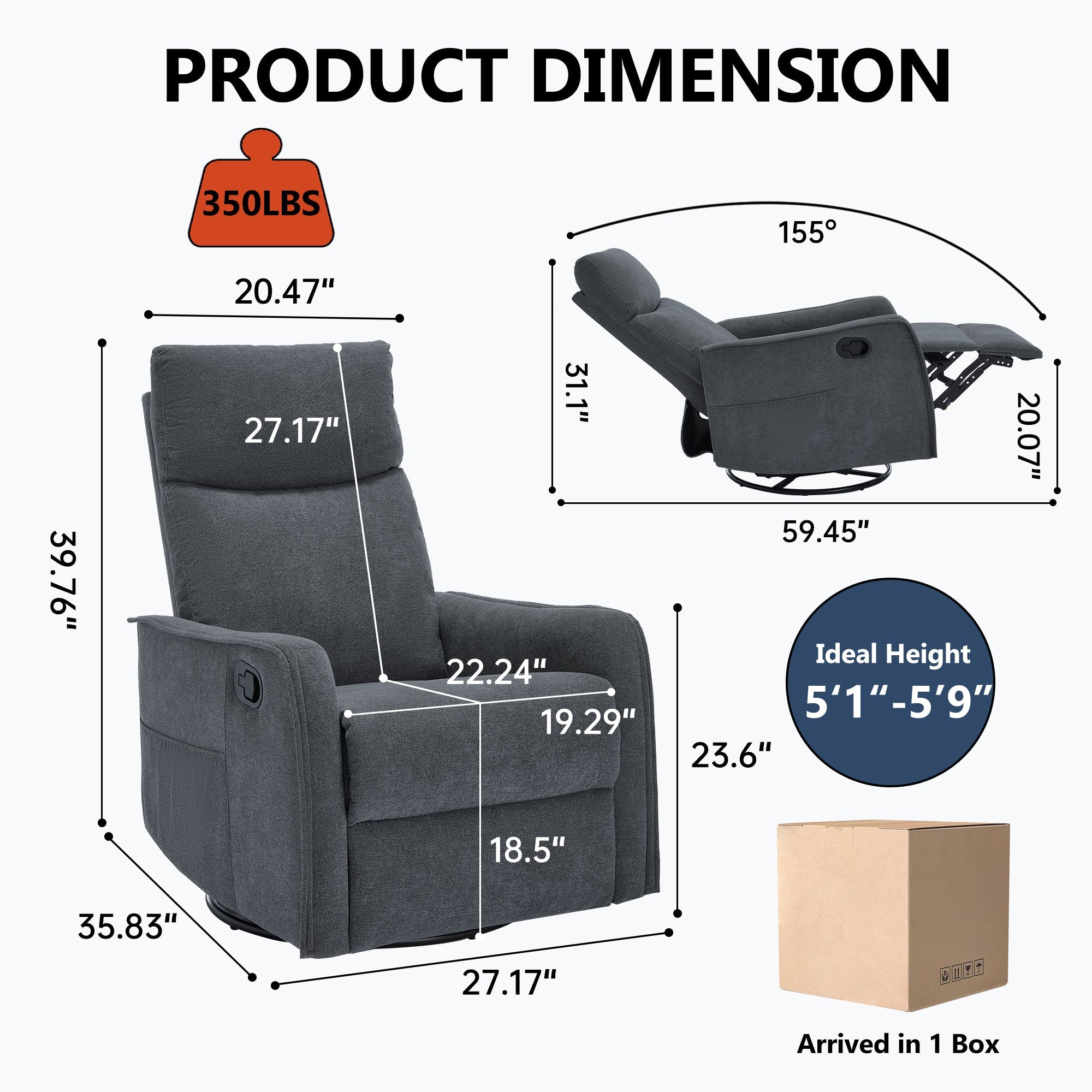 Heat Massage Manual Recliner Chair with Rocker and Swivel in Fabric for Living Room, Grey